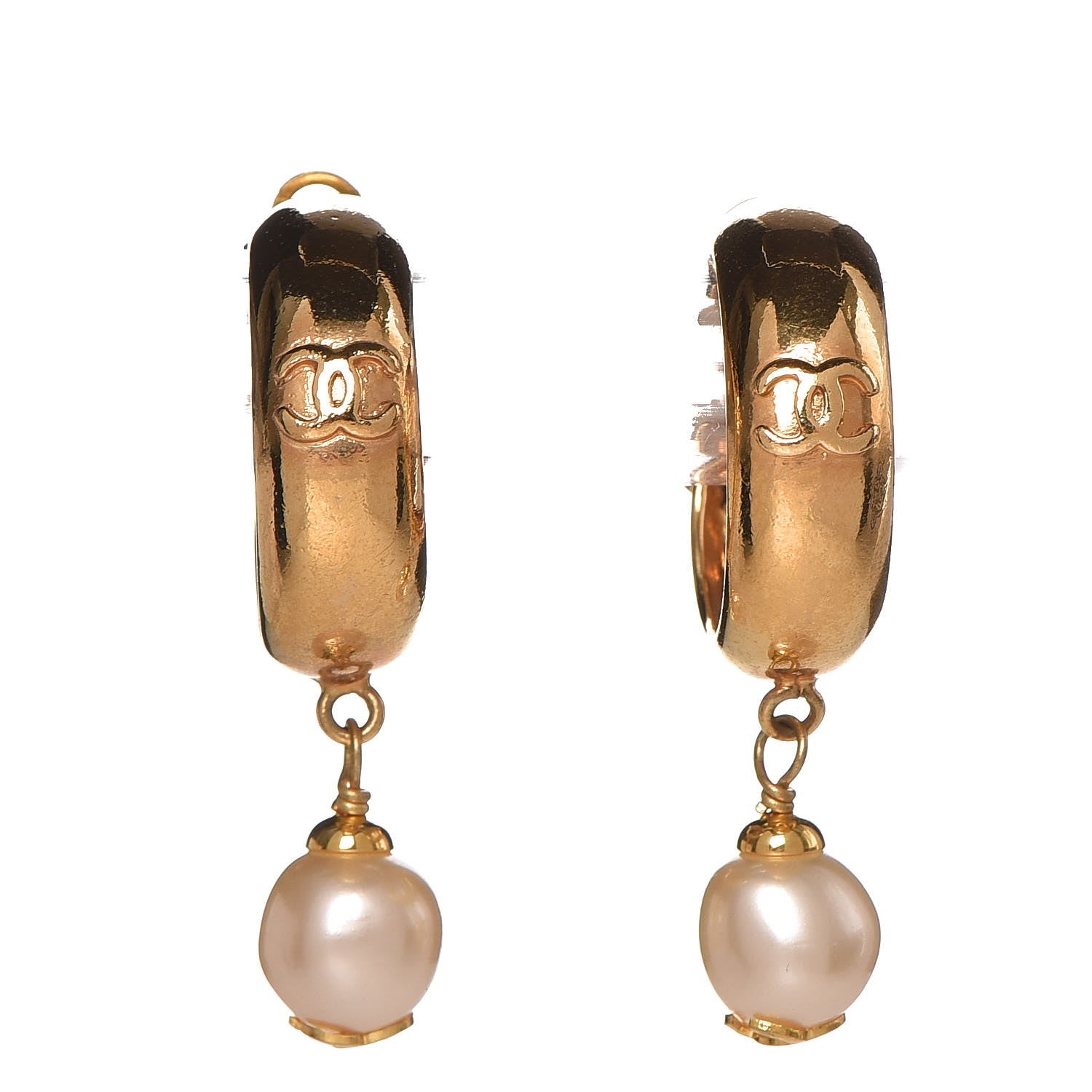 Chanel Pearl CC Drop Hoop Clip On Earrings Gold 1 of 4