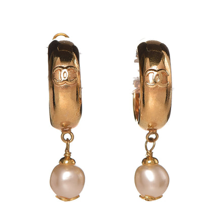Chanel Pearl CC Drop Hoop Clip On Earrings Gold 1 of 4