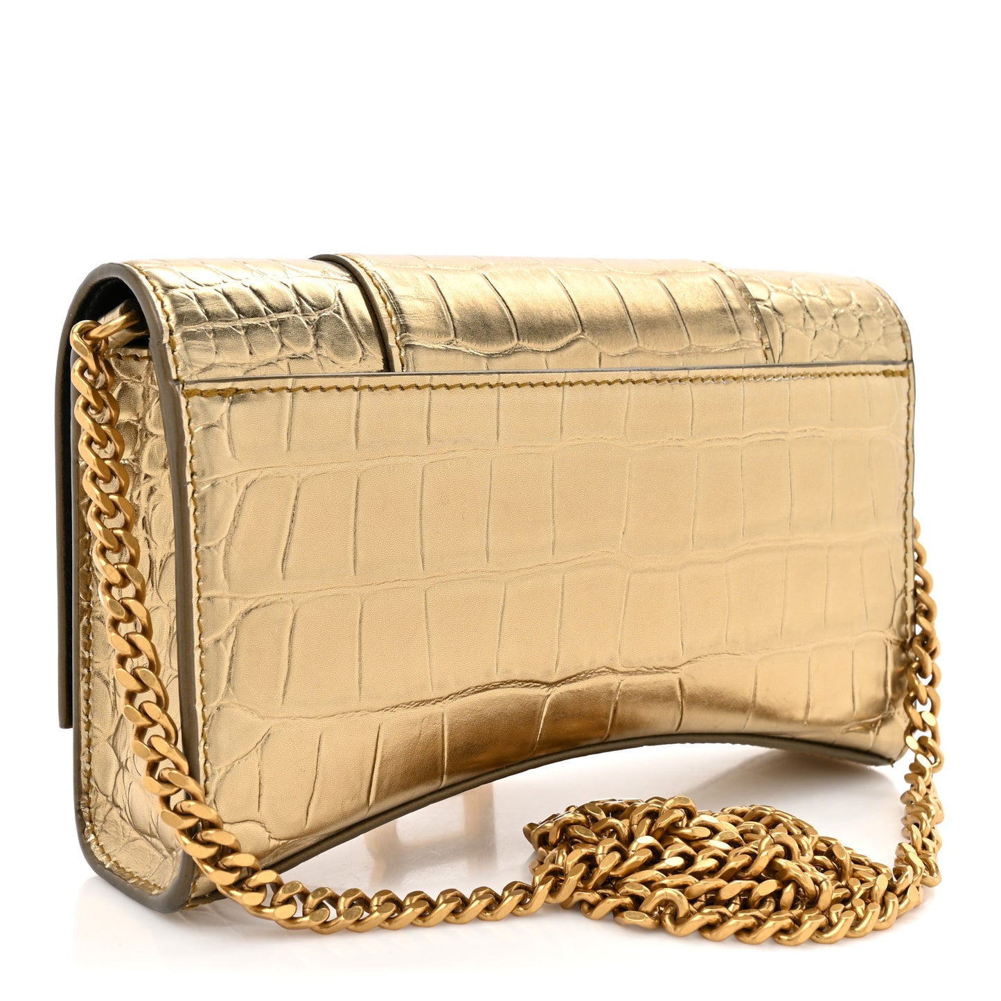 Metallic Calfskin Crocodile Embossed Hourglass Chain Bag Gold