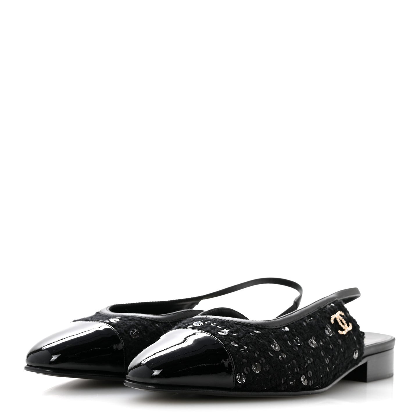 Glittered Wool Tweed Patent Calfskin Cap Toe CC Slingback Flats 37.5 Black