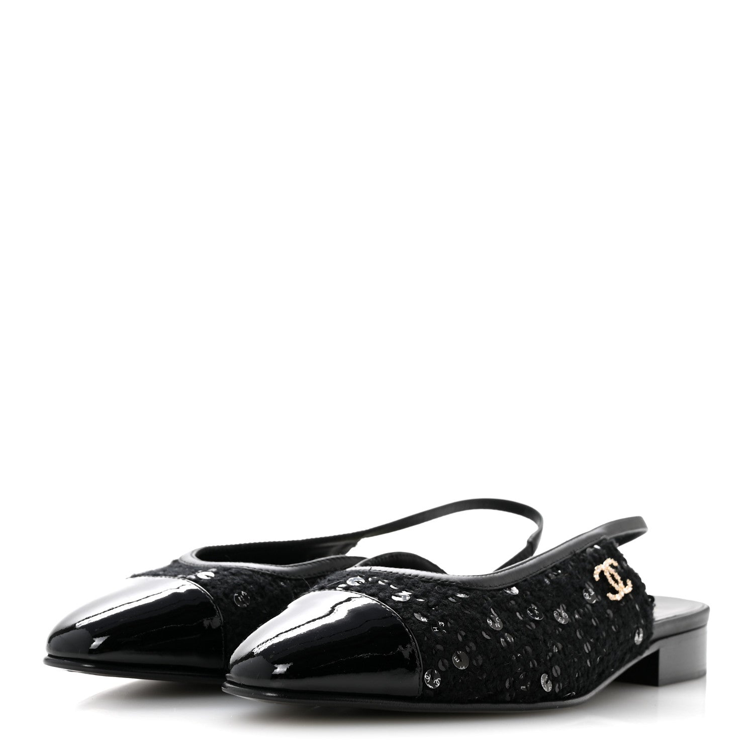 Chanel Glittered Wool Tweed Patent Calfskin Cap Toe CC Slingback Flats 37.5 Black 4 of 11