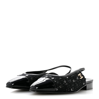 Chanel Glittered Wool Tweed Patent Calfskin Cap Toe CC Slingback Flats 37.5 Black 4 of 11