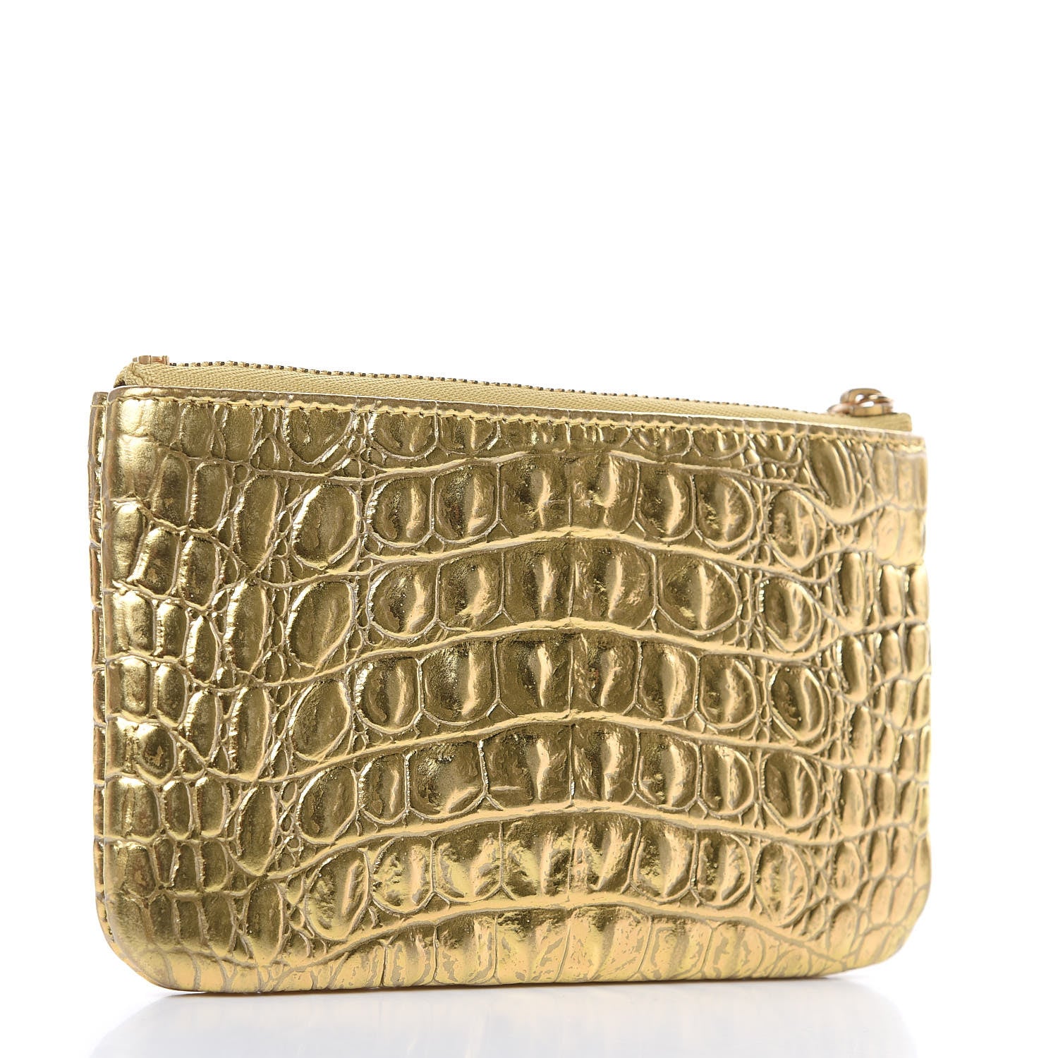 Chanel Metallic Calfskin Crocodile Embossed Cocodile Cosmetic Case Gold 3 of 8