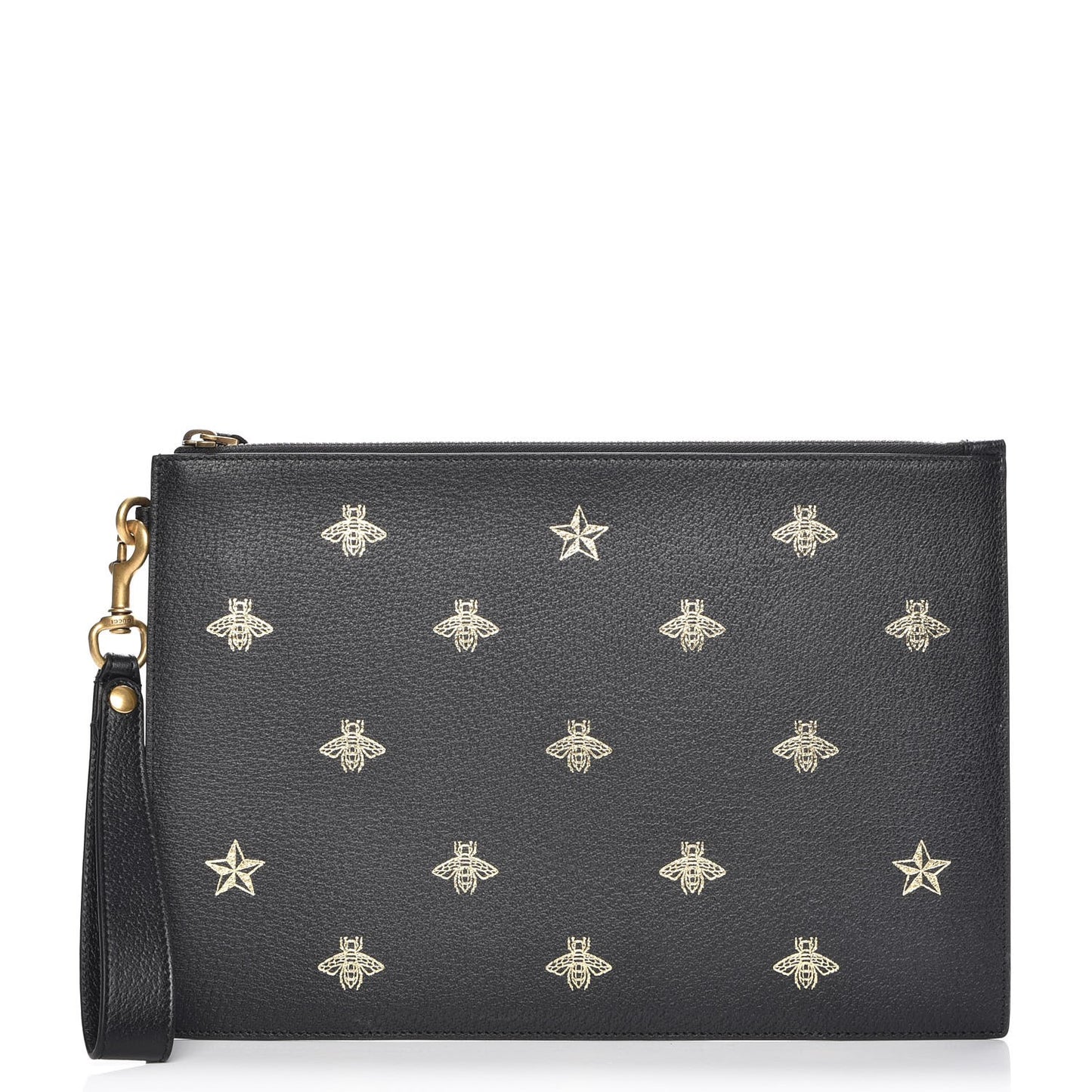 Dollar Calfskin Boar Effect Bee Star Zip Wristlet Pouch Black