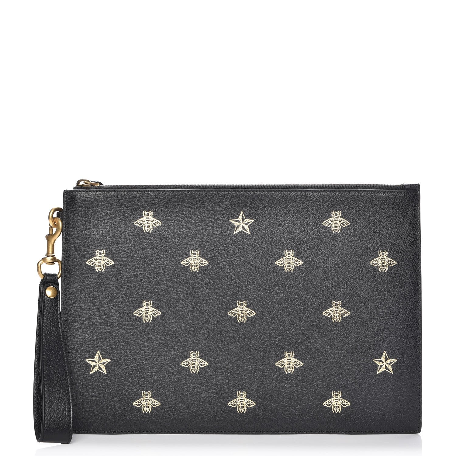 Gucci Dollar Calfskin Boar Effect Bee Star Zip Wristlet Pouch Black 1 of 7