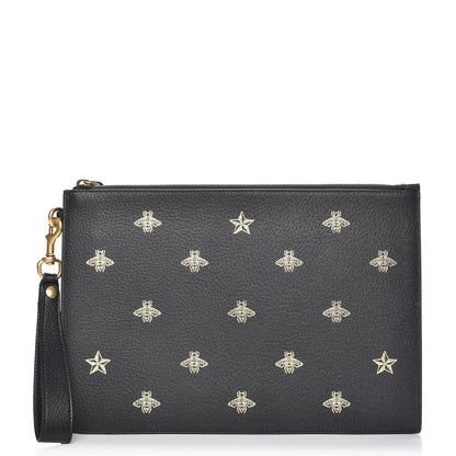 Gucci Dollar Calfskin Boar Effect Bee Star Zip Wristlet Pouch Black 1 of 7