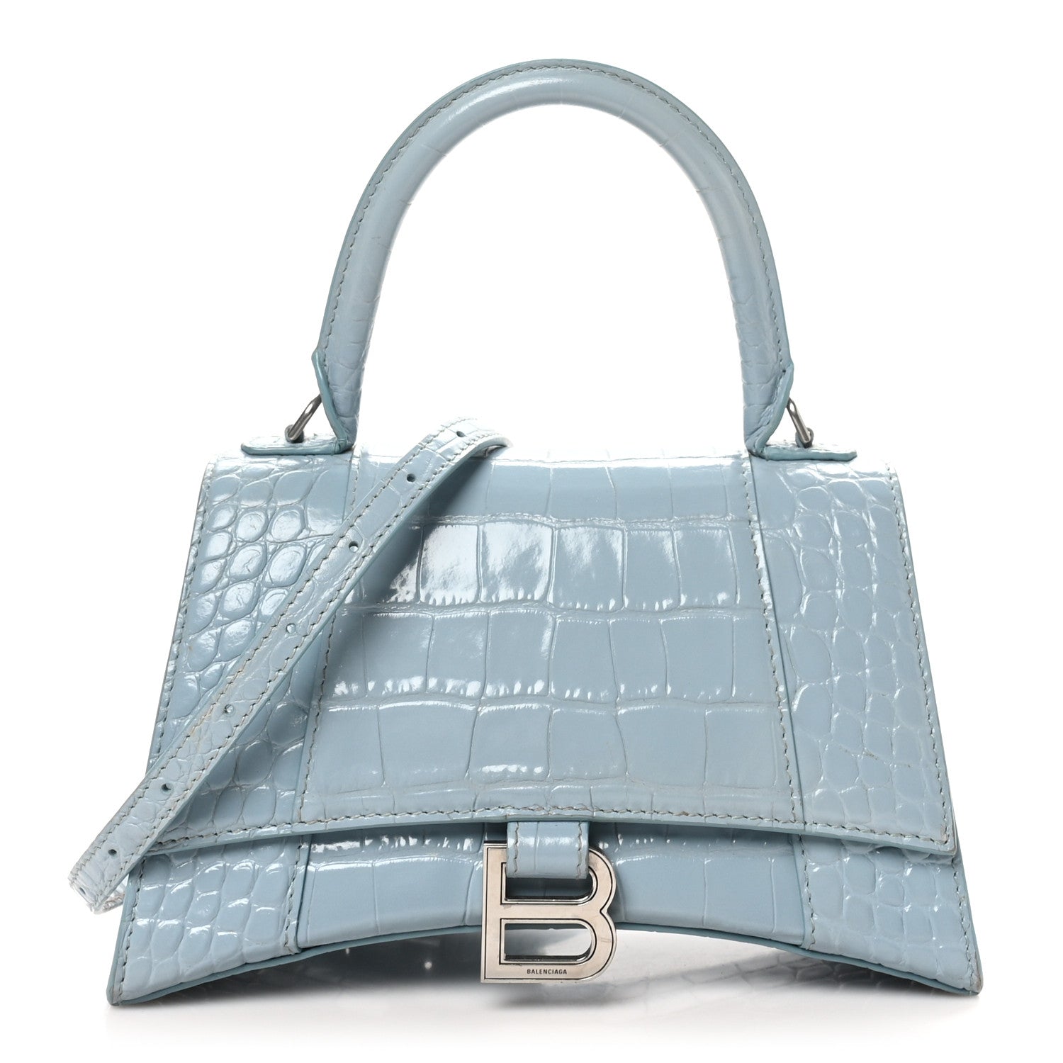 Balenciaga Shiny Calfskin Crocodile Embossed Small Hourglass Top Handle Bag Blue Grey 1 of 11