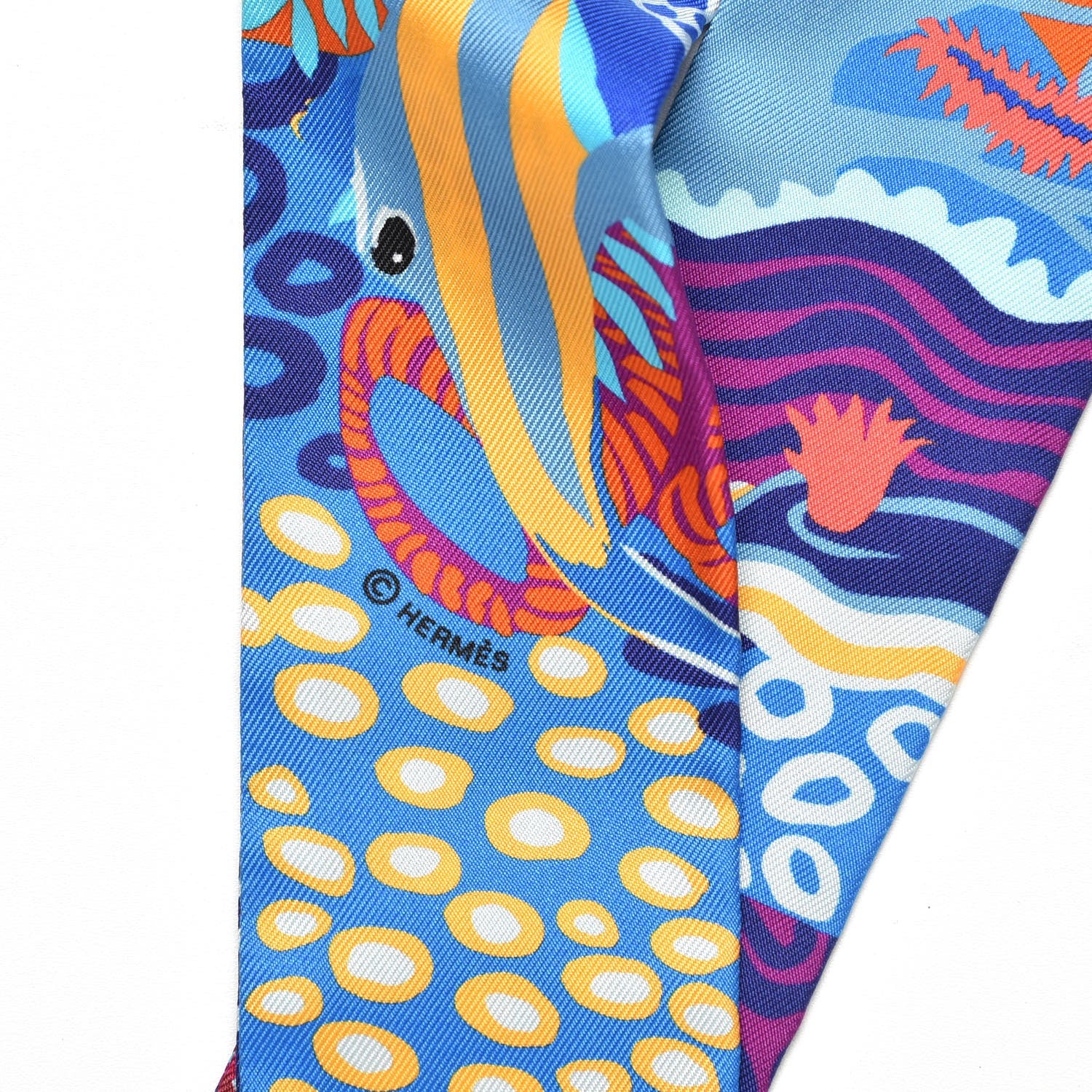 Hermes Silk Under The Waves Twilly Orange Bleu Fuchsia 4 of 5
