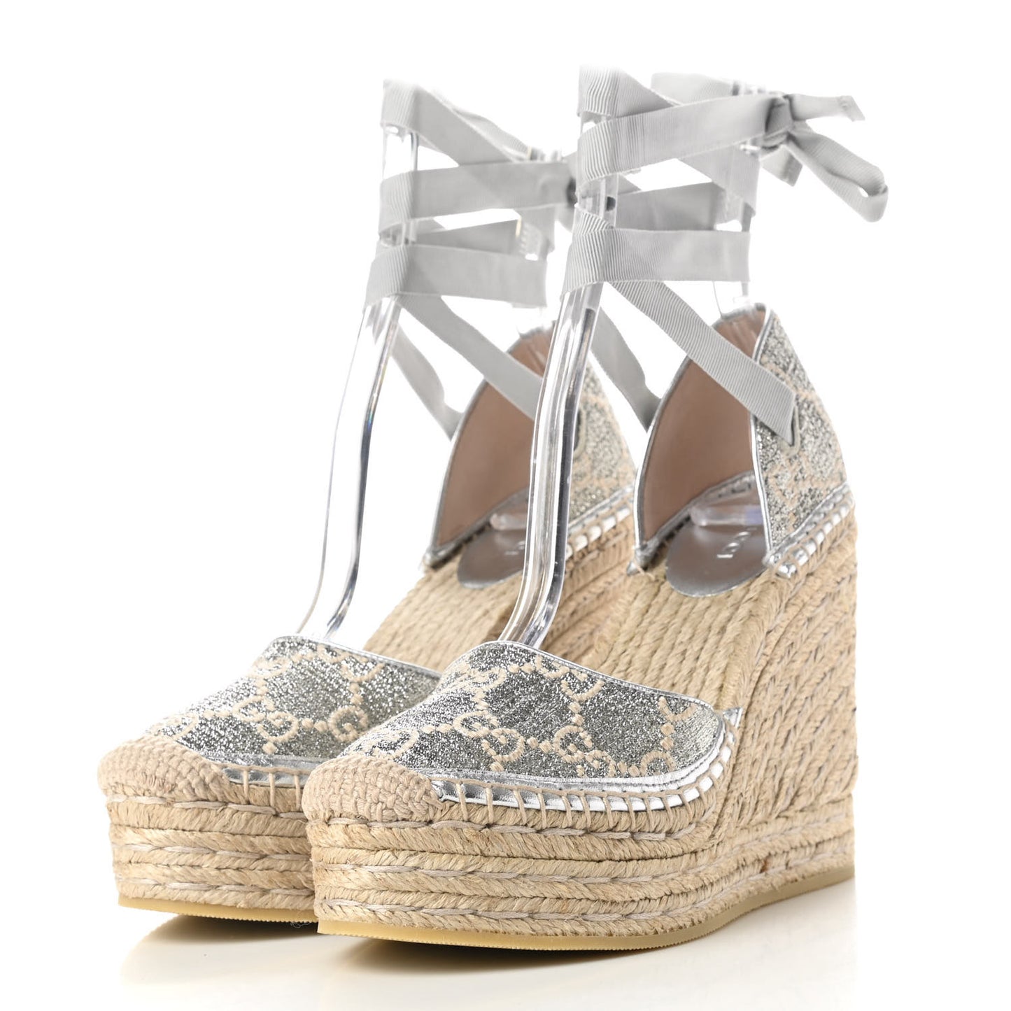 Lame GG Monogram Ankle Wrap Platform Espadrille Wedges 36 Silver Beige Light Grey