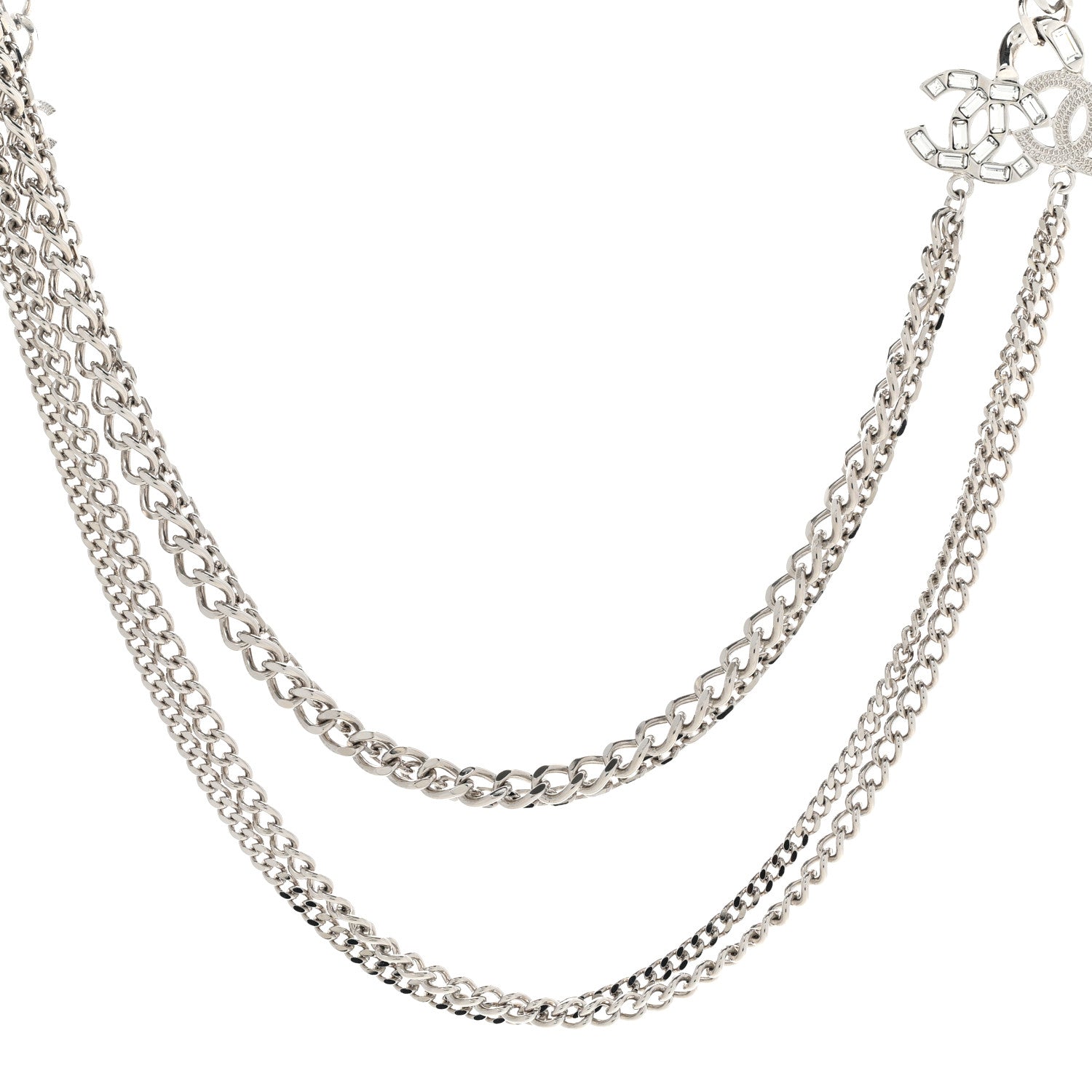 Chanel Baguette Crystal CC Multi Strand Long Chain Necklace Silver 1 of 6