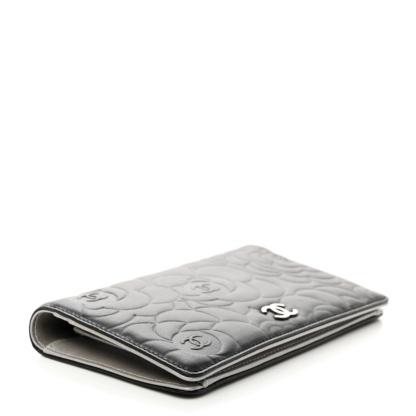 Lambskin Camellia Embossed Yen Wallet Black
