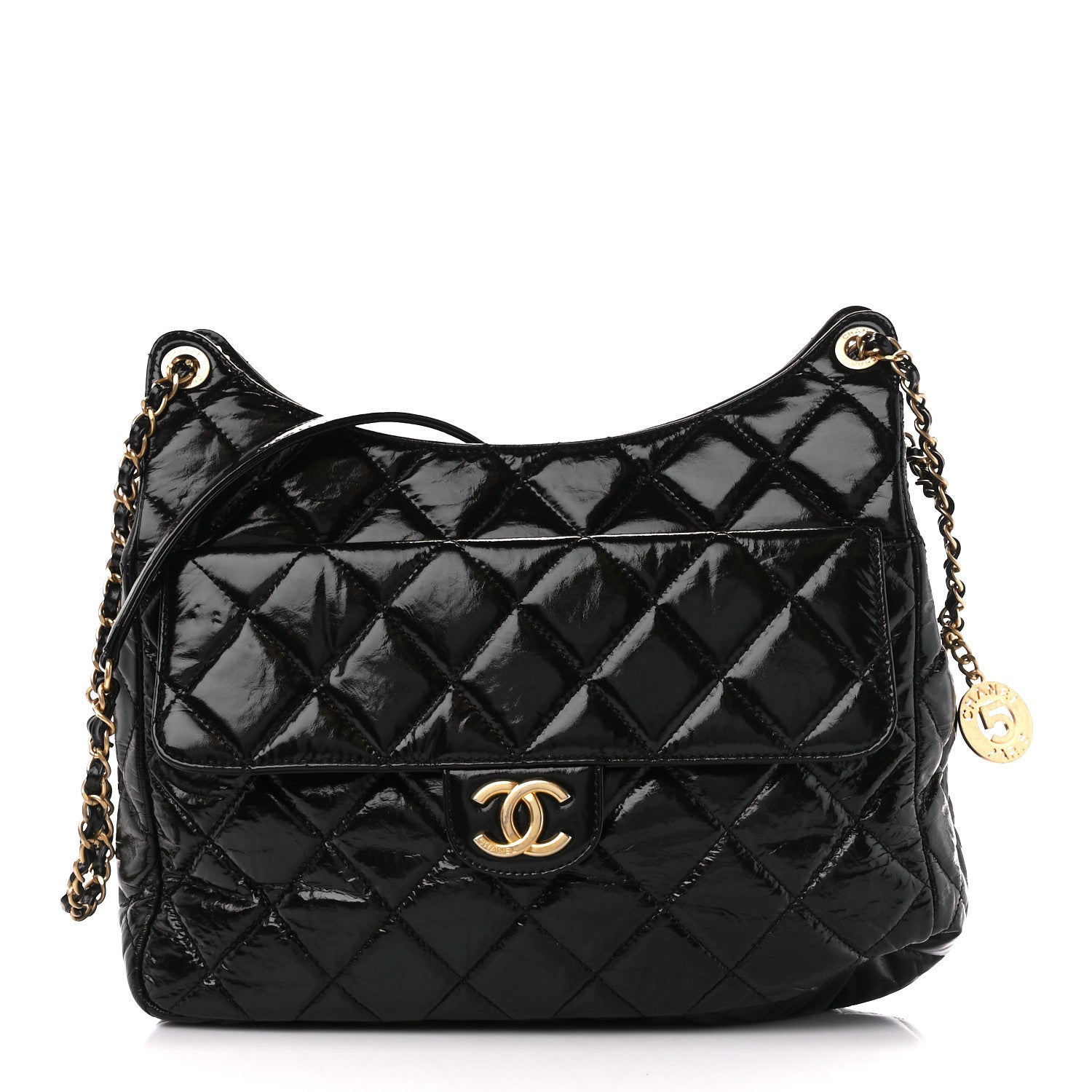 Chanel Shiny Crumpled Calfskin Quilted Large Wavy CC Hobo Black 1 of 11