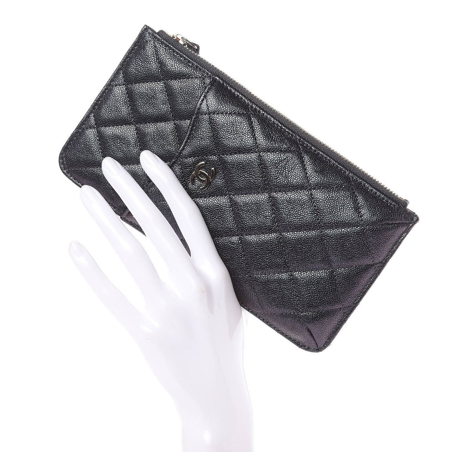 Iridescent Caviar Quilted Classic Flat Wallet Pouch Black