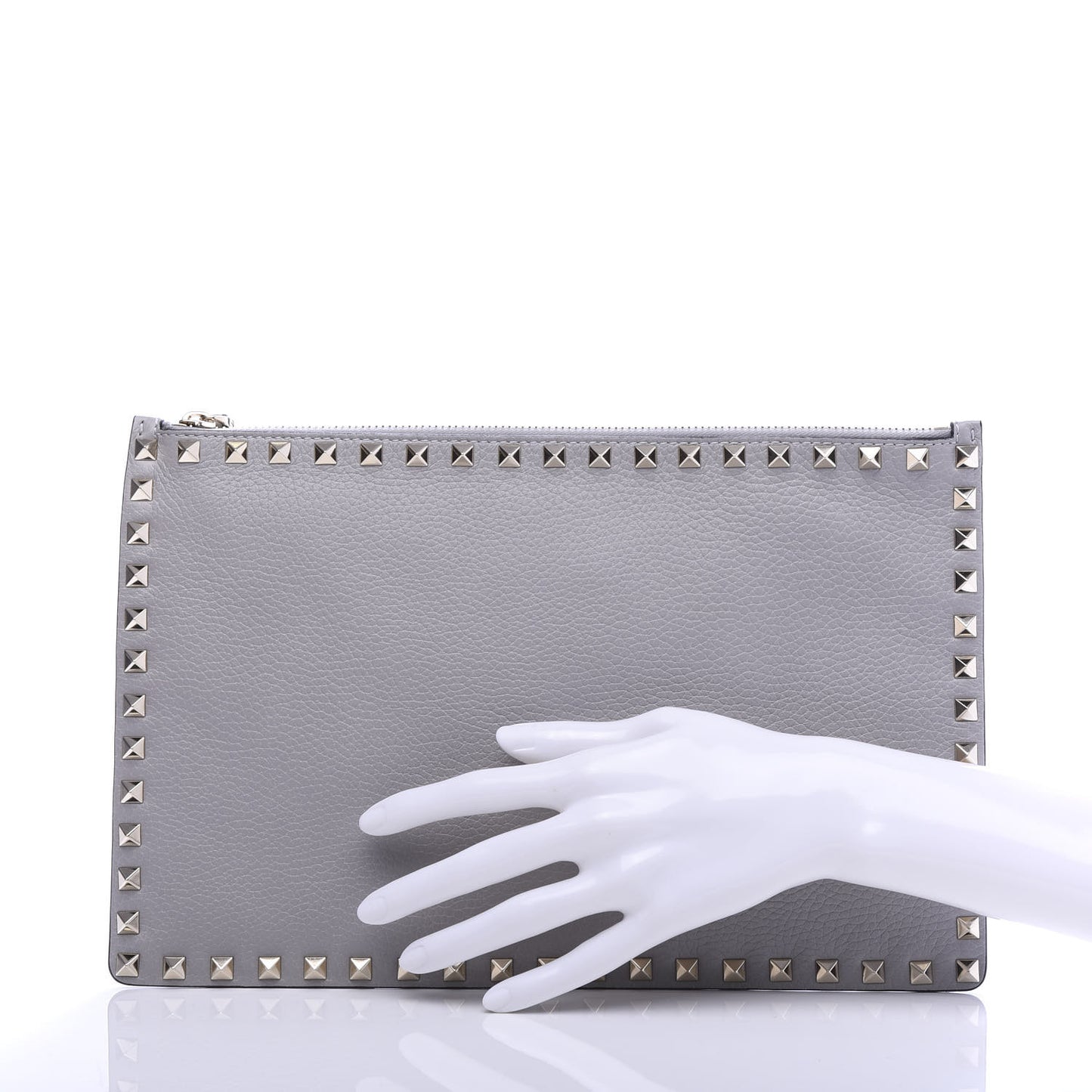 Pebbled Calfskin Large Rockstud Zip Pouch Pastel Grey