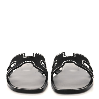 Hermes Suede Goatskin Crystal Embellished Oran Sandals 40 Black 2 of 9