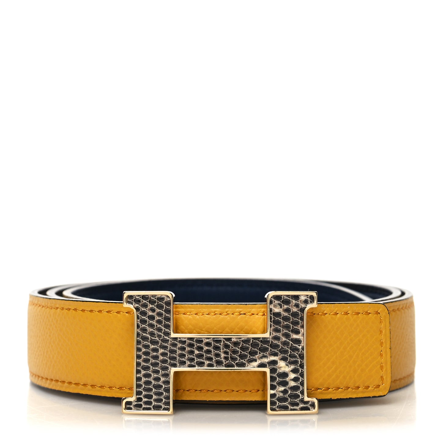 Epsom Swift Lizard 24mm Mini Constance H Belt Jaune Ambre Navy Blue