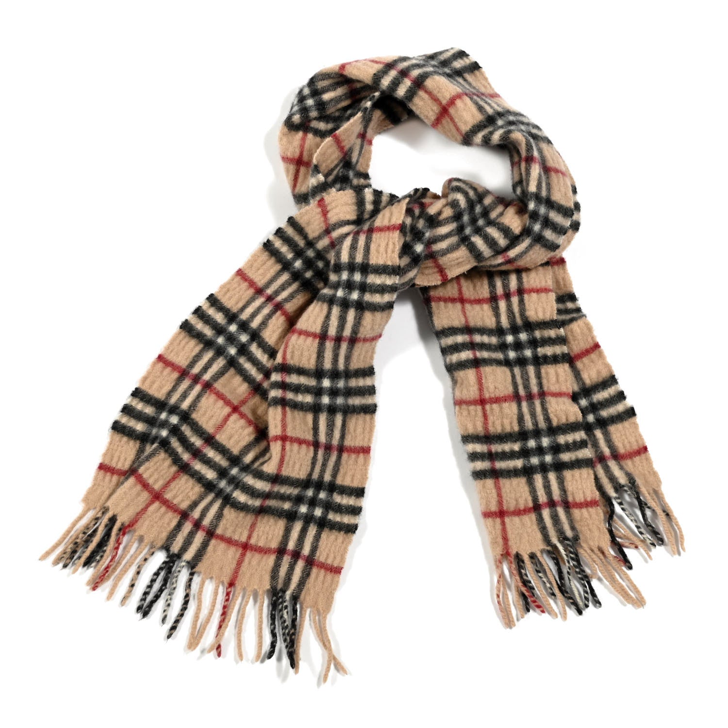 Burberry Cashmere Wool Classic Check Fringe Scarf Camel 1 of 3
