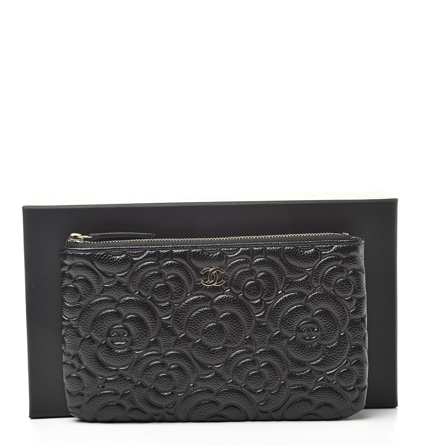 Caviar Camellia Embossed Small Pouch Black