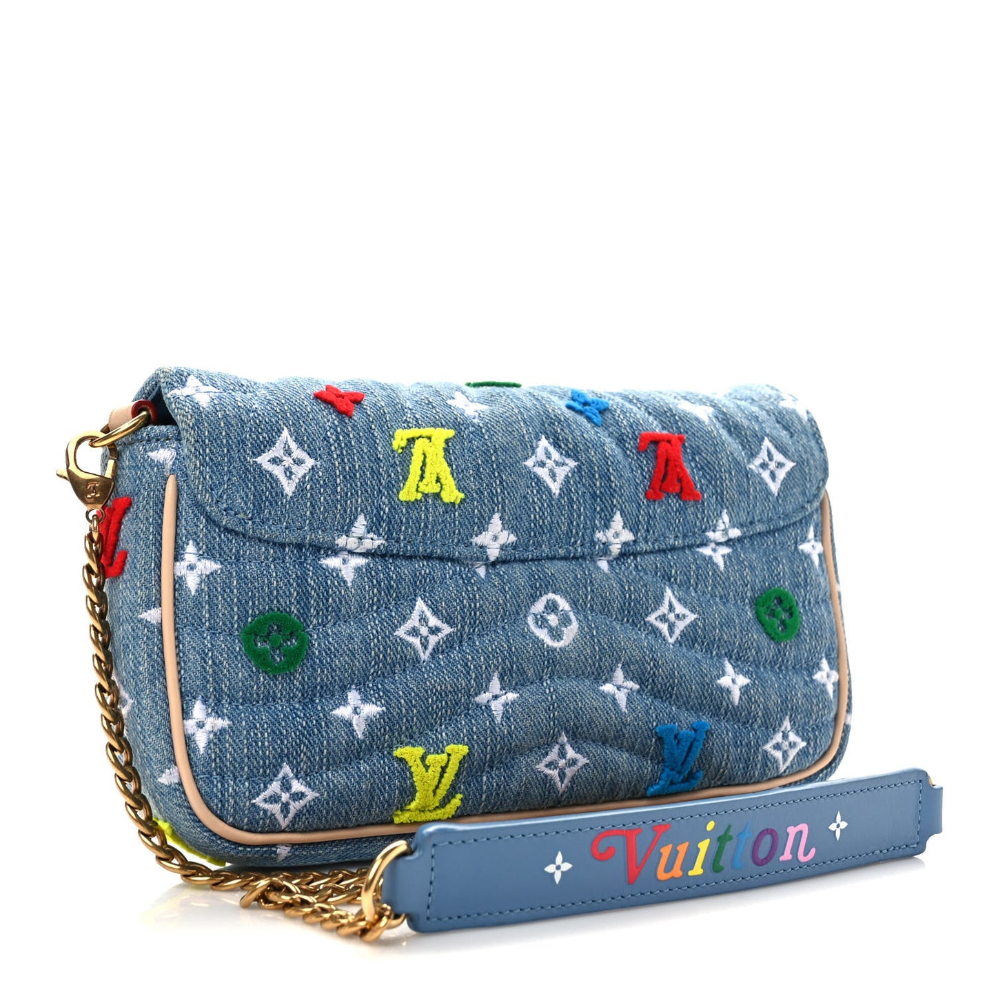 Embroidered Monogram Denim New Wave Chain Pochette Blue