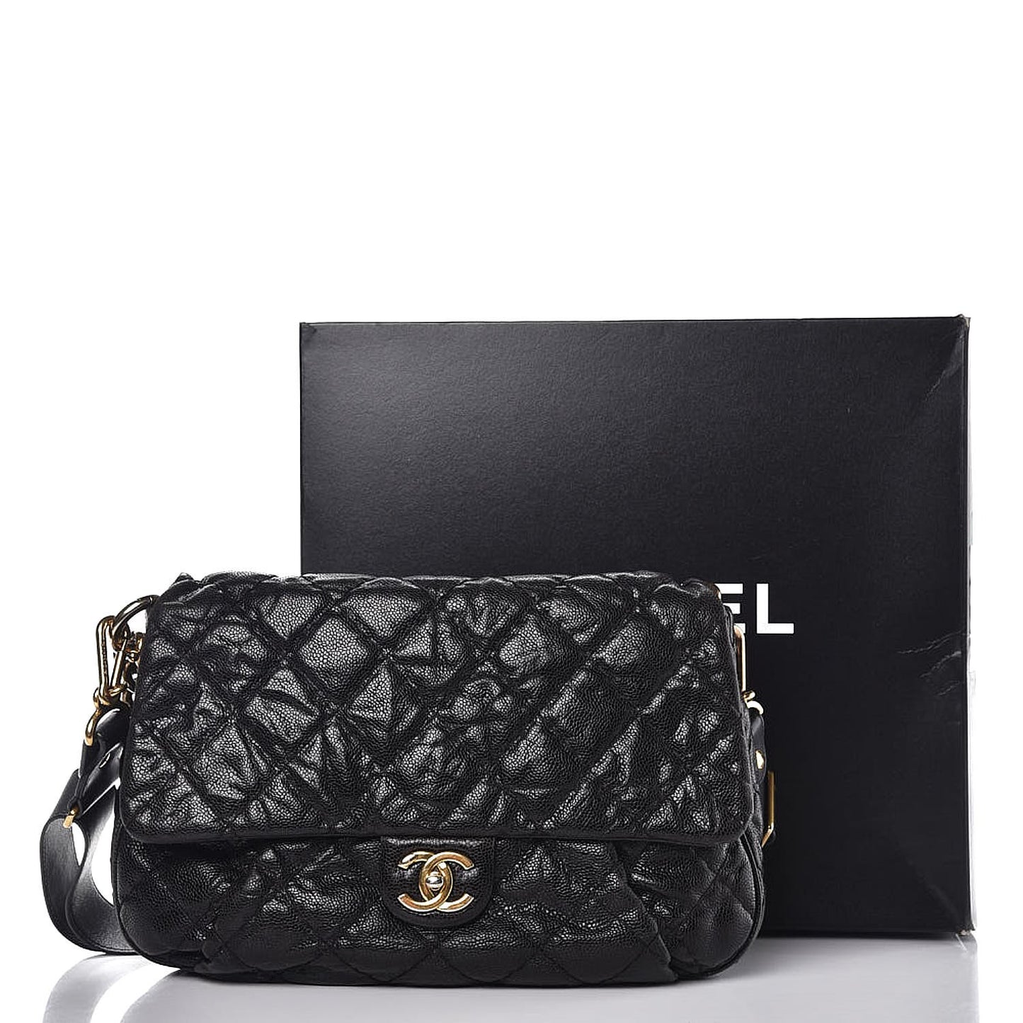 Crumpled Grained Calfskin Medium Coco Pleats Messenger Flap Black