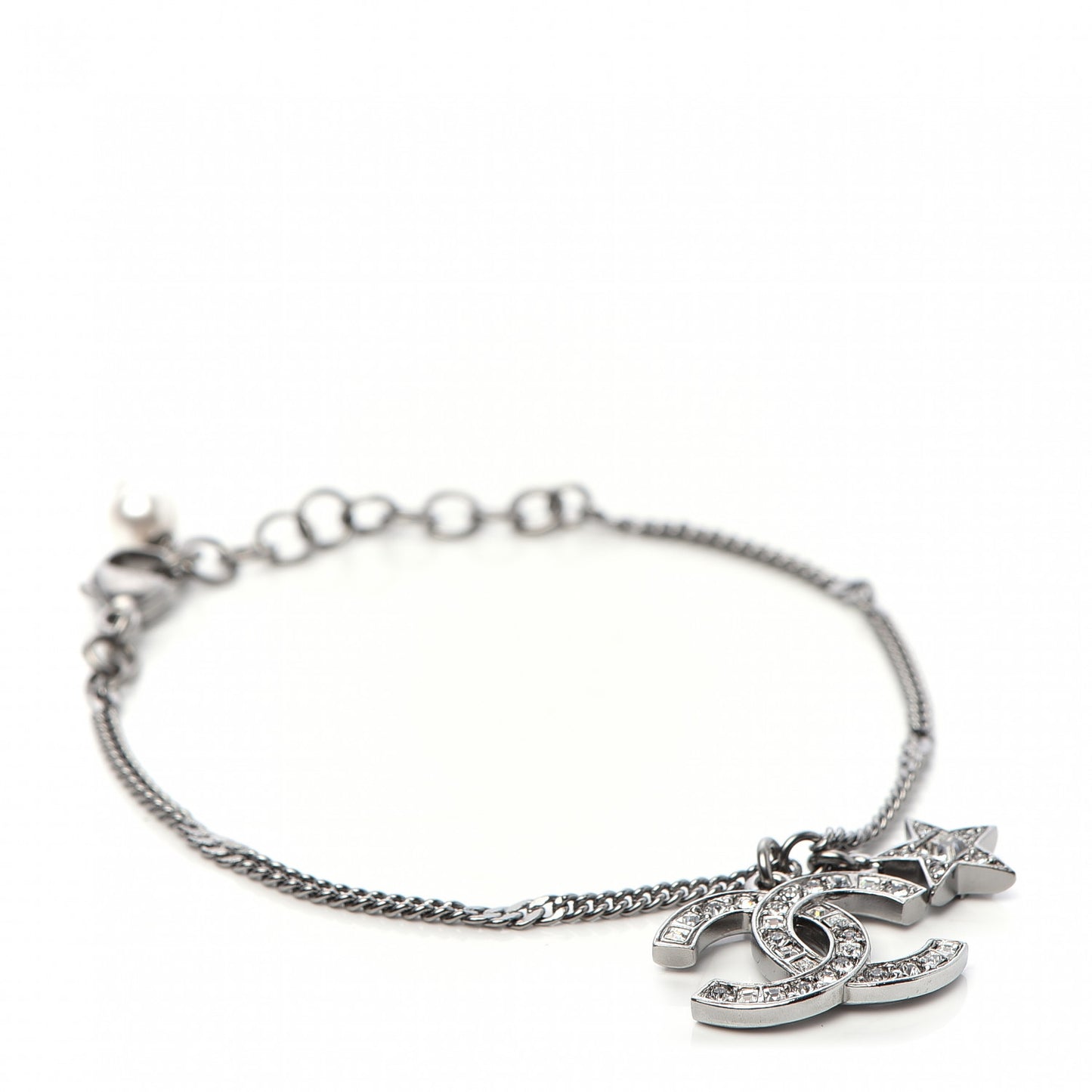 Metal Pearl Crystal Baguette CC Star Bracelet Silver