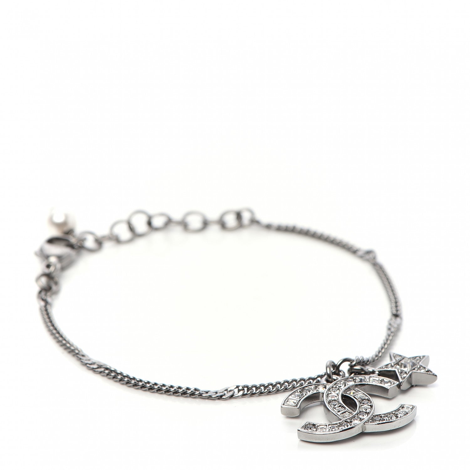 Chanel Metal Pearl Crystal Baguette CC Star Bracelet Silver 1 of 5