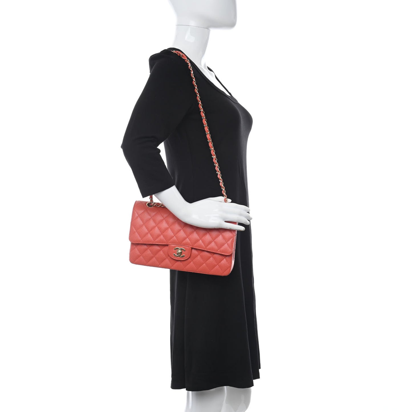 Caviar Quilted Medium Double Flap Light Red