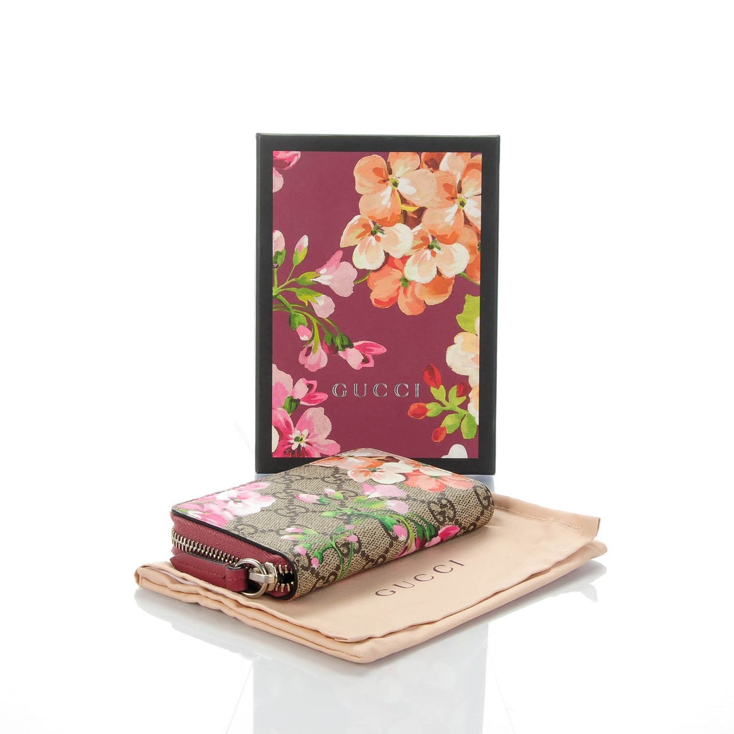 GG Supreme Monogram Blooms Zip Around Card Case Wallet Beige Multicolor Dry Rose
