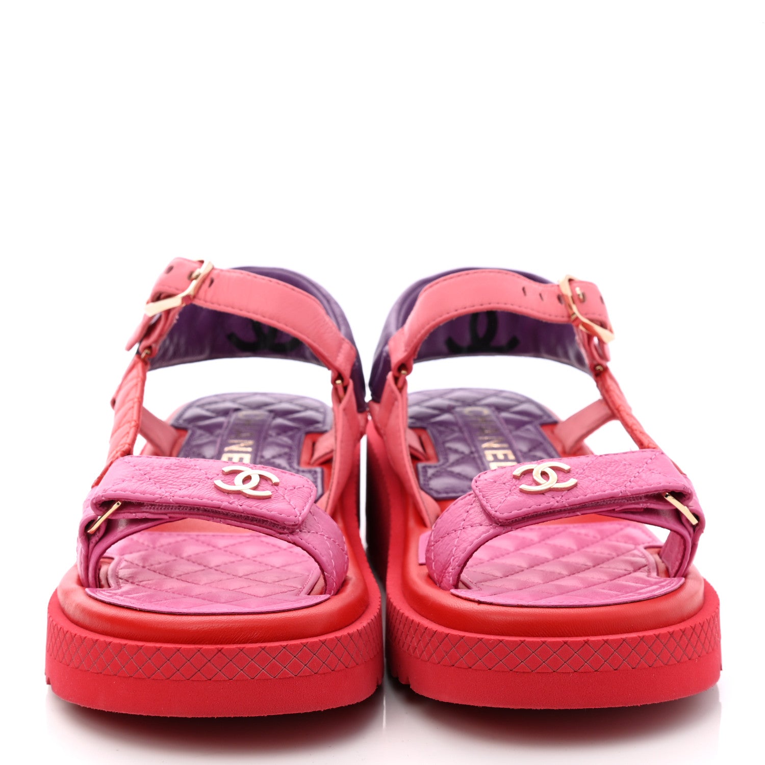 Chanel Lambskin Logo Platform Sandals 37 Red Purple Orange 2 of 10