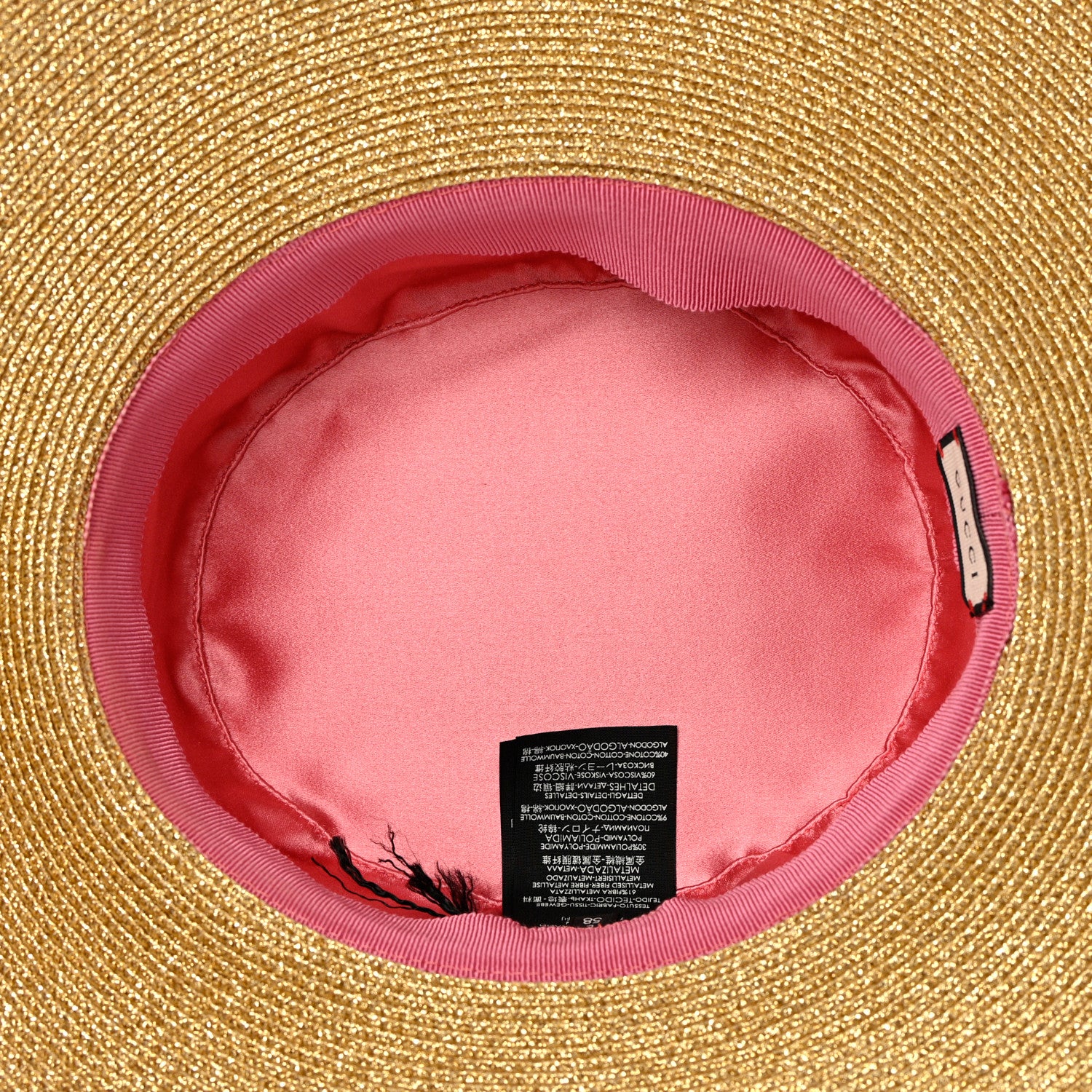 Gucci Glittered Straw Grosgrain Wide Brim Hat L Gold Black 6 of 9