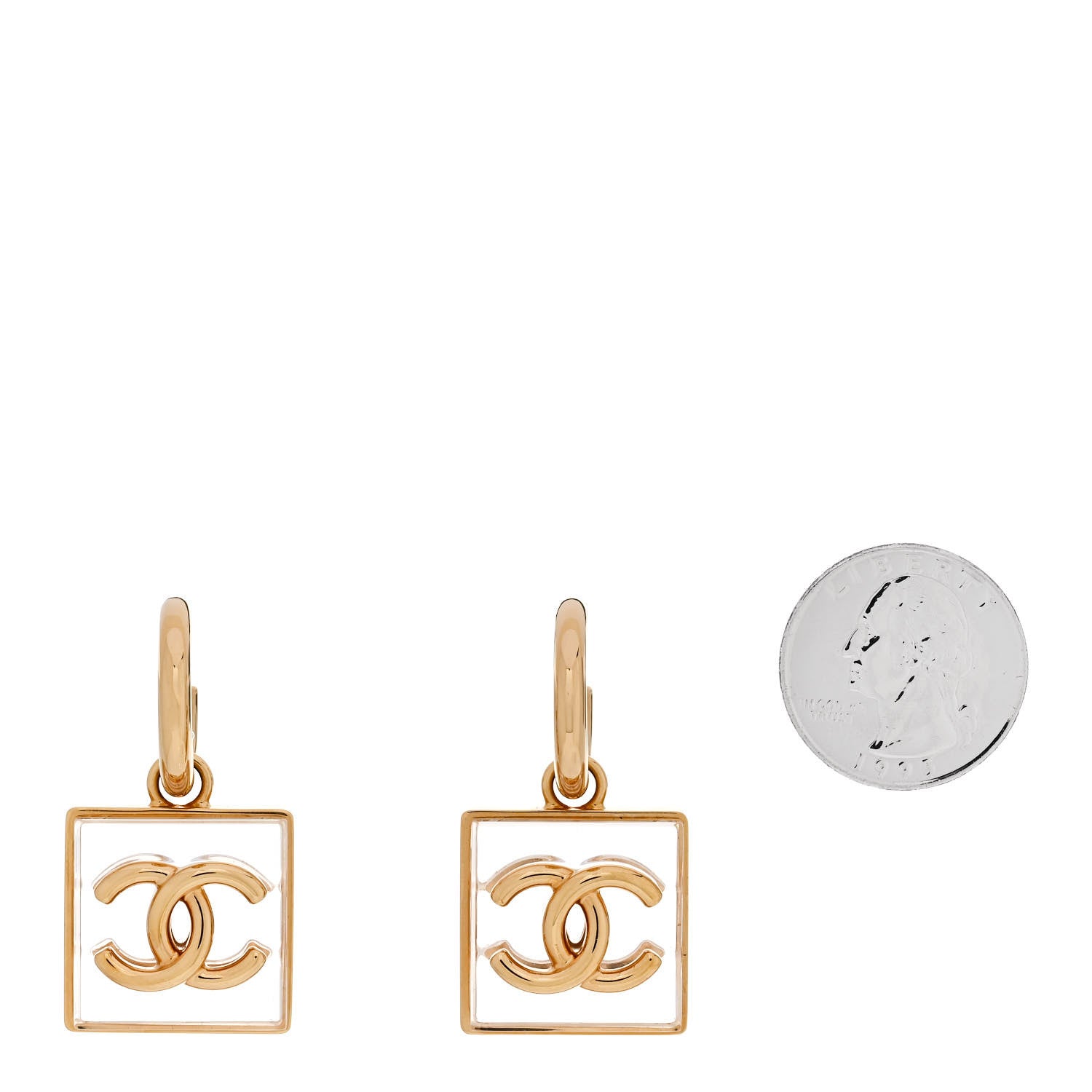 Chanel Metal Resin CC Square Drop Earrings Gold Transparent 2 of 5