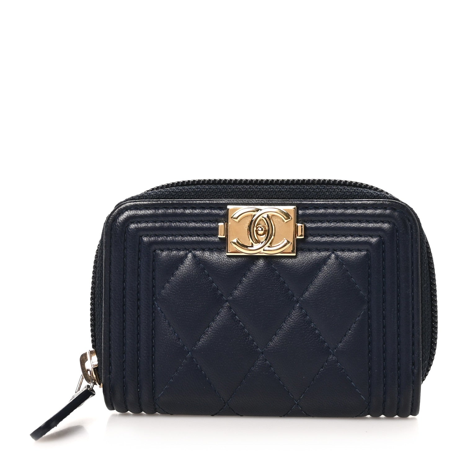 Chanel Lambskin Quilted Zip Around Boy Coin Purse Wallet Navy 1 of 9