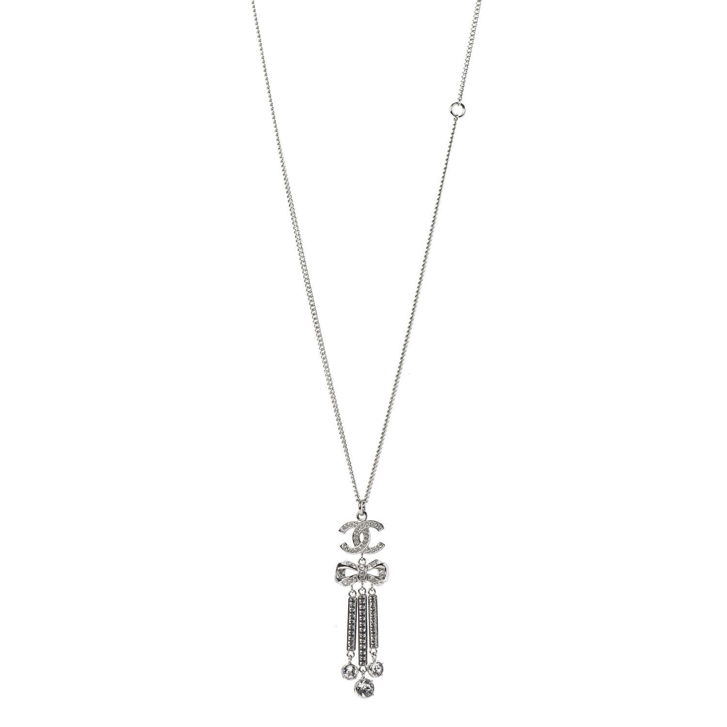 Crystal CC Bow Drop Necklace Silver