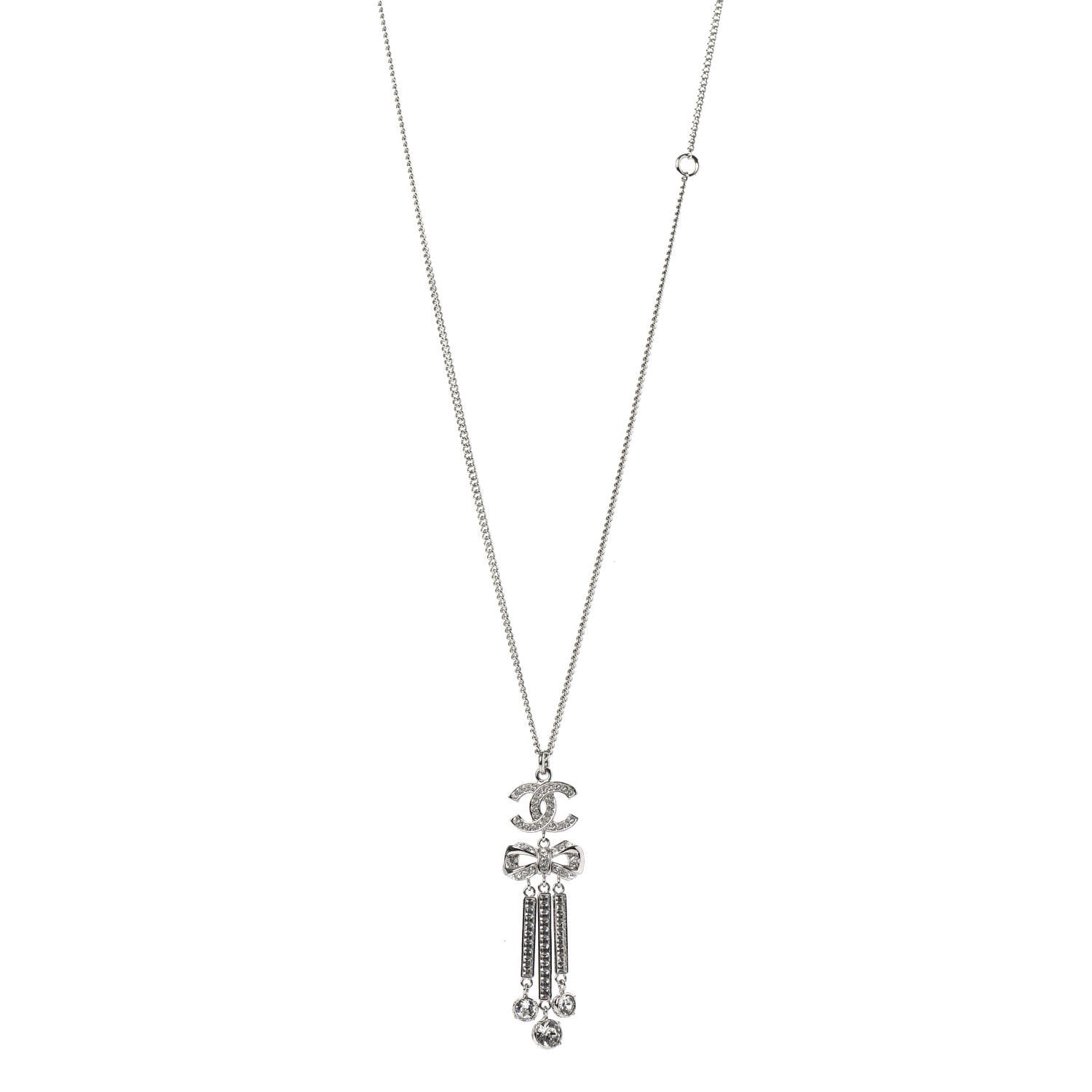Chanel Crystal CC Bow Drop Necklace Silver 1 of 6