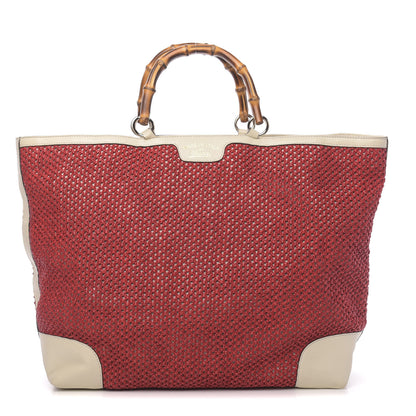 Gucci Straw Calfskin Bamboo Shopper Tote Raspberry 1 of 13