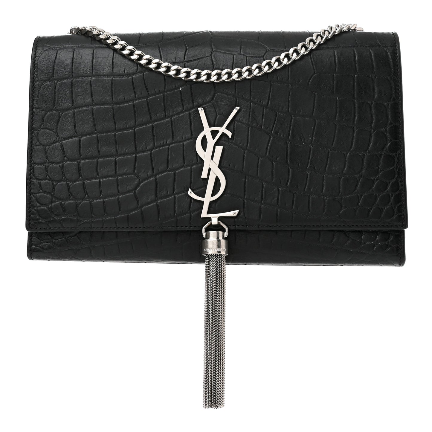 Calfskin Crocodile Embossed Medium Classic Monogram Kate Tassel Satchel Black