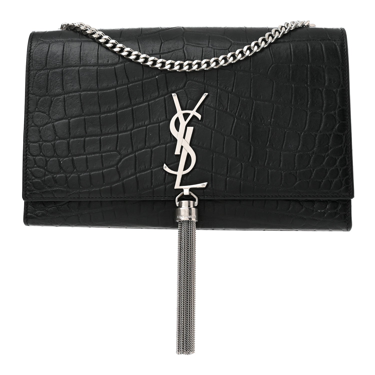 Saint Laurent Calfskin Crocodile Embossed Medium Classic Monogram Kate Tassel Satchel Black 1 of 9