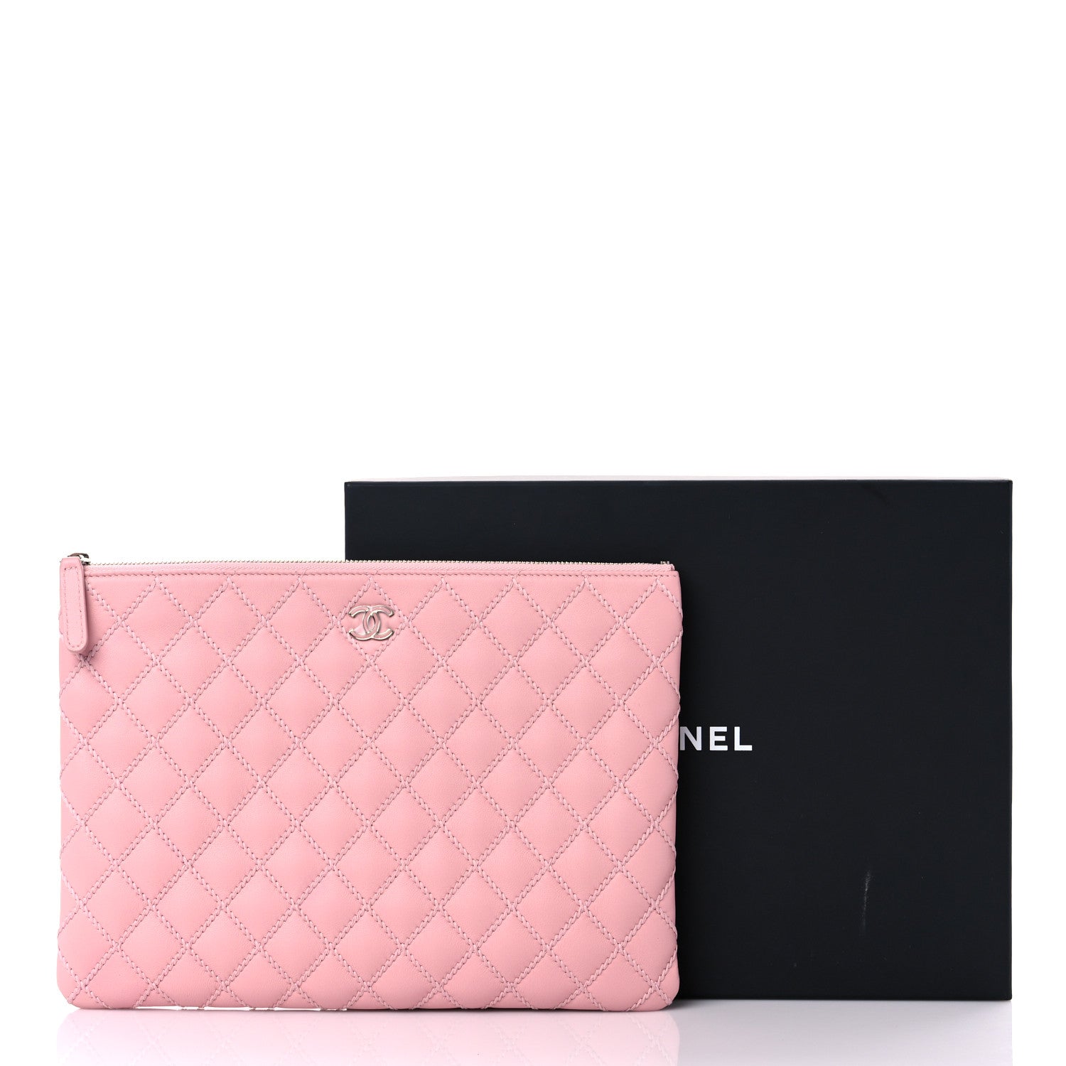 Chanel Calfskin Quilted Enamel CC Stitched Medium Cosmetic Case Pink 13 of 13