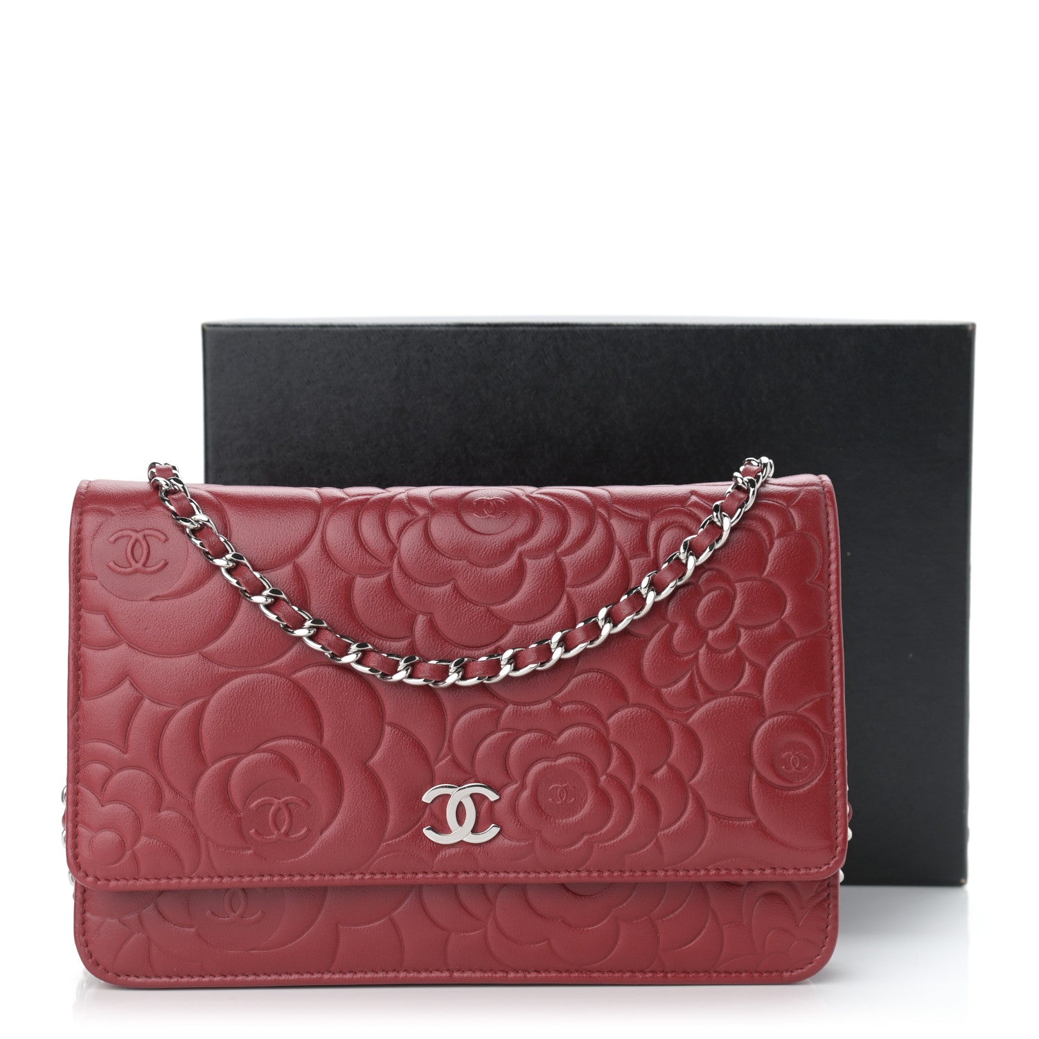 Chanel Lambskin Camellia Embossed Wallet On Chain WOC Red 12 of 12