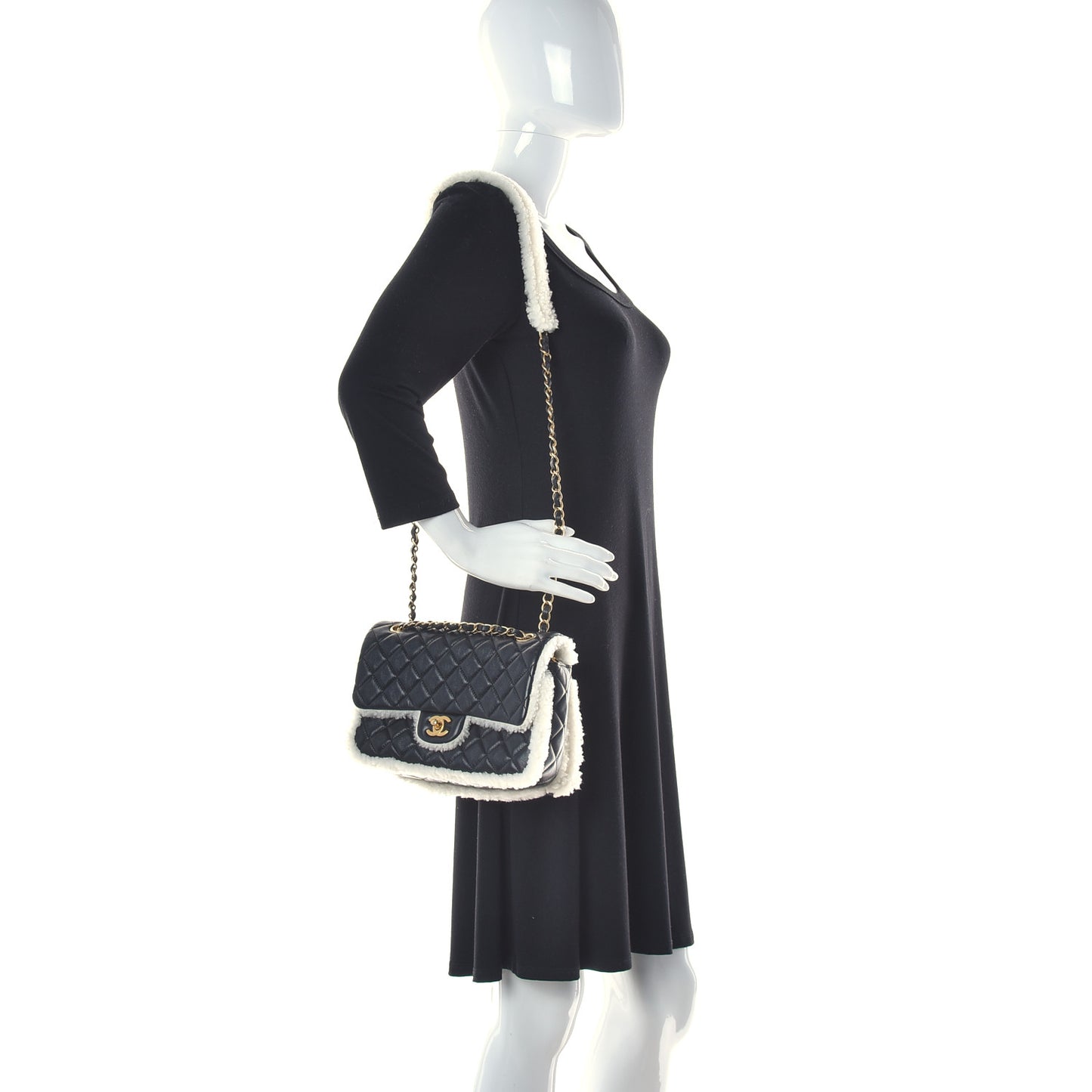 Lambskin Shearling Large CC Flap Bag Black White