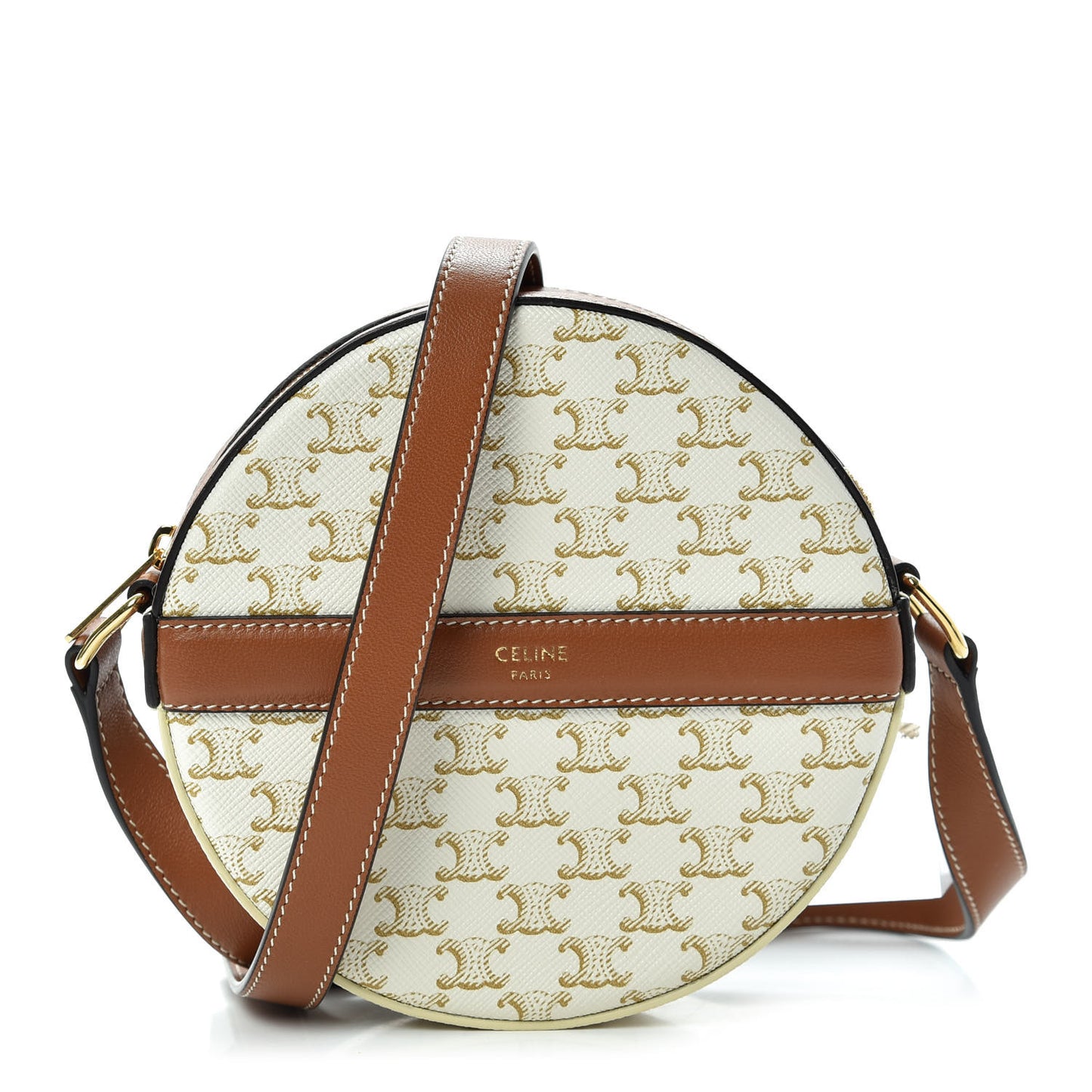 Lambskin Triomphe Canvas Round Purse On Strap White Tan