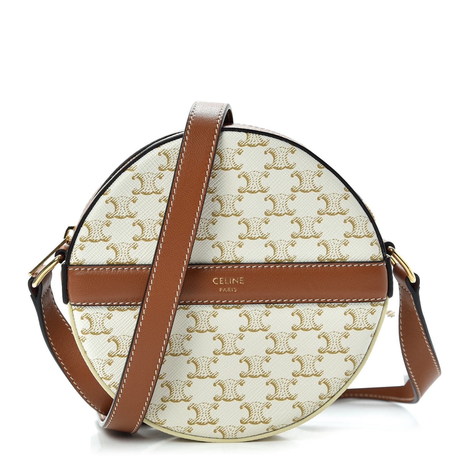 Celine Lambskin Triomphe Canvas Round Purse On Strap White Tan 1 of 10