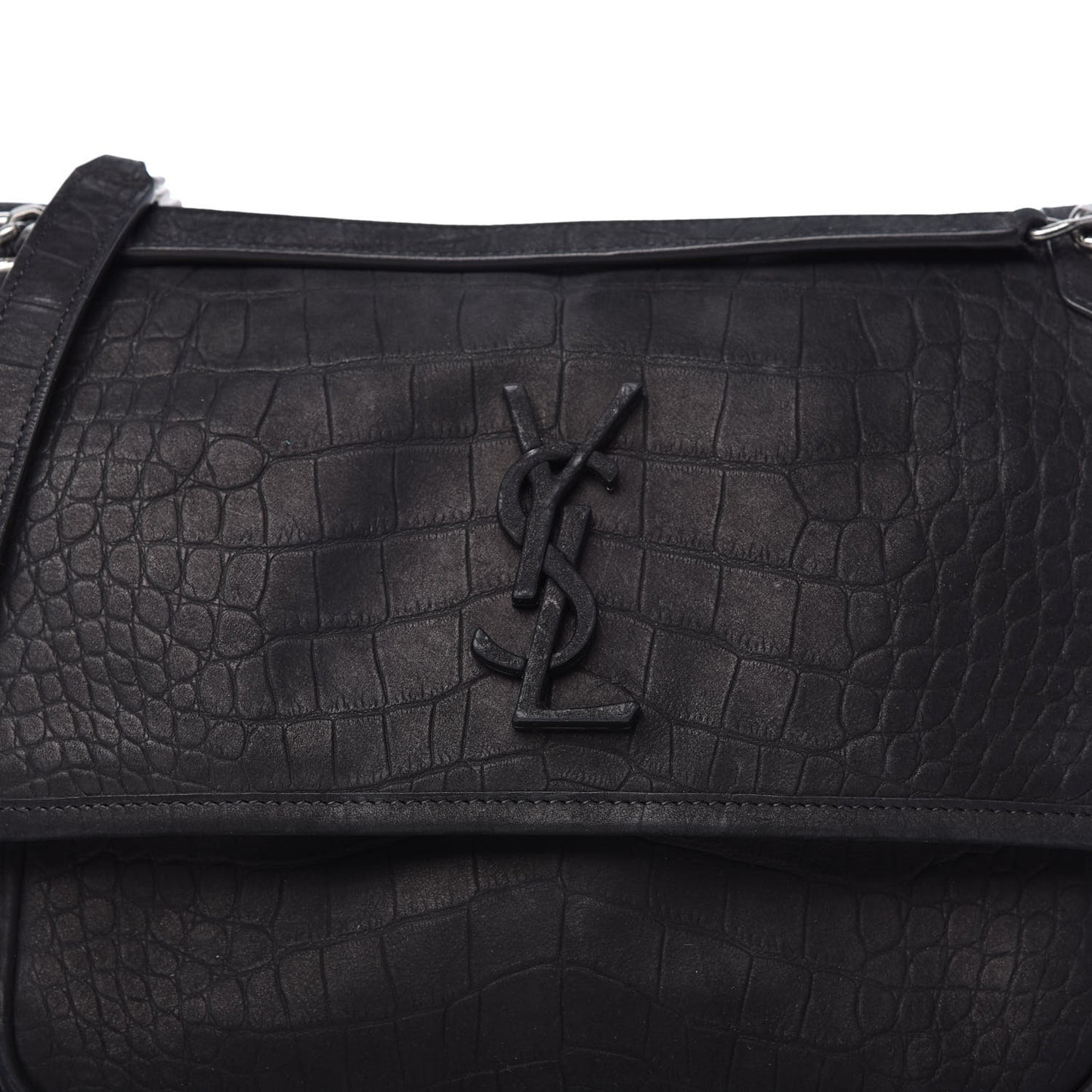 Nubuck Crocodile Embossed Monogram Medium Niki Chain Satchel Black