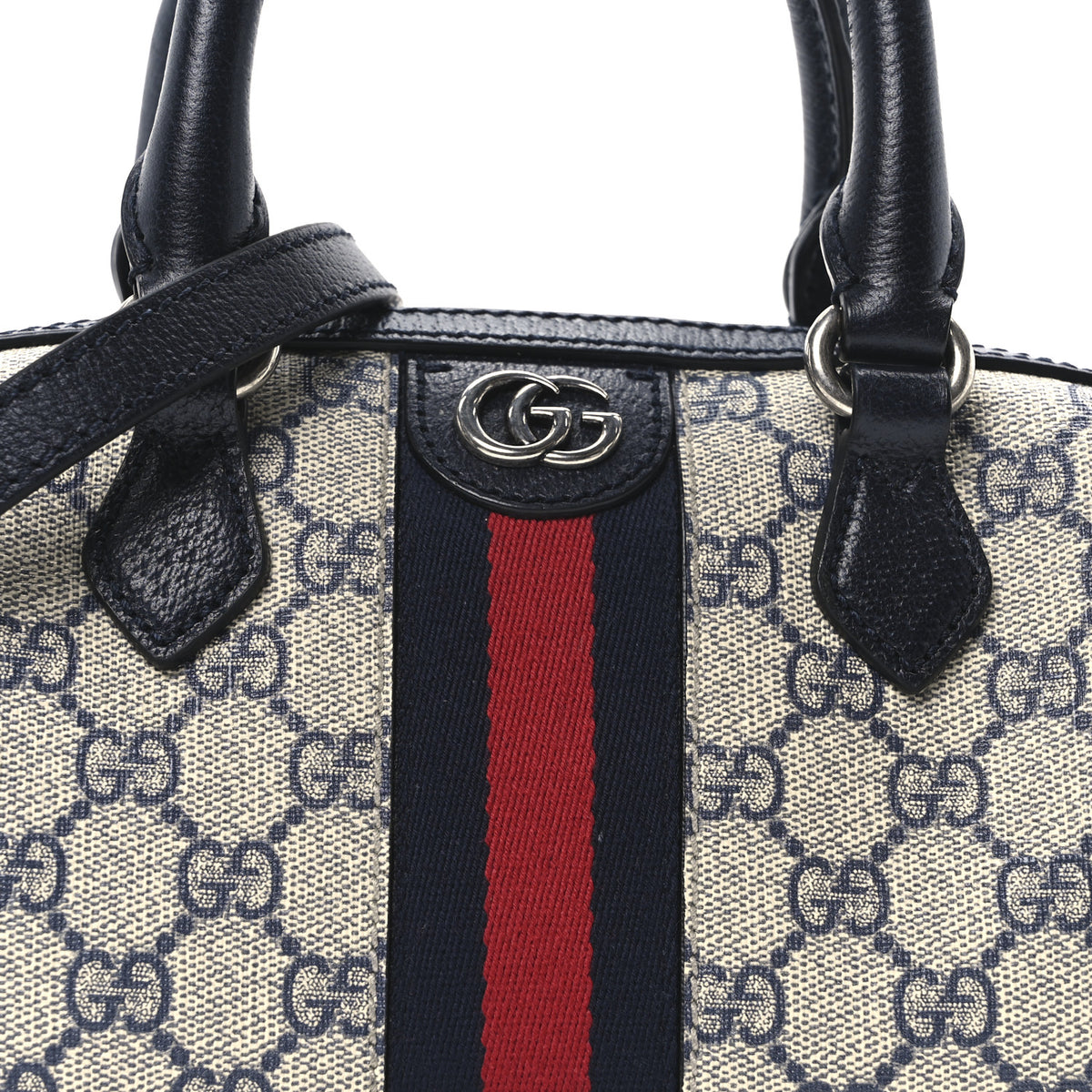 Gucci GG Supreme Monogram Textured Dollar Calfskin Web Mini Ophidia Top Handle Bag Beige Blue 8 of 11