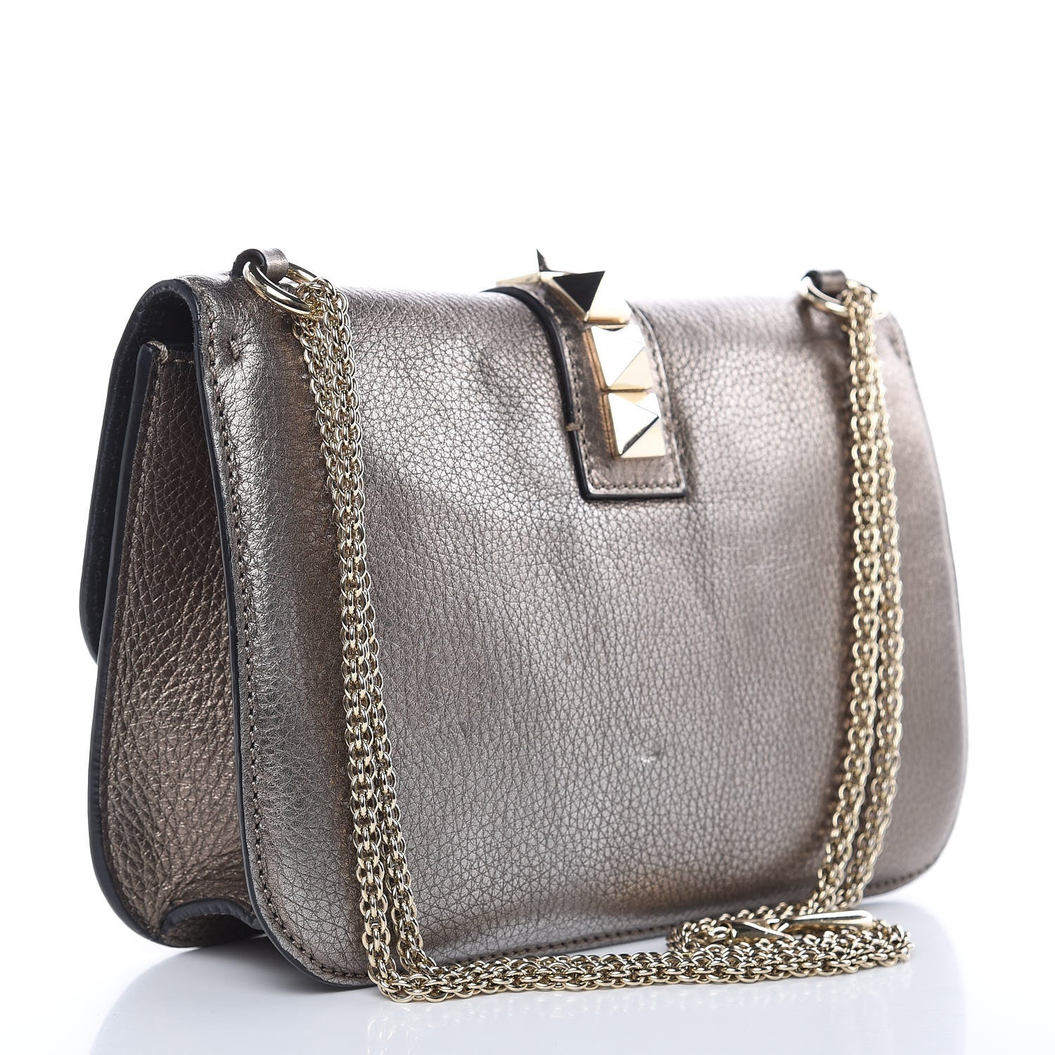 Valentino Garavani Metallic Vitello Medium Glam Lock Rockstud Flap Sasso 3 of 17