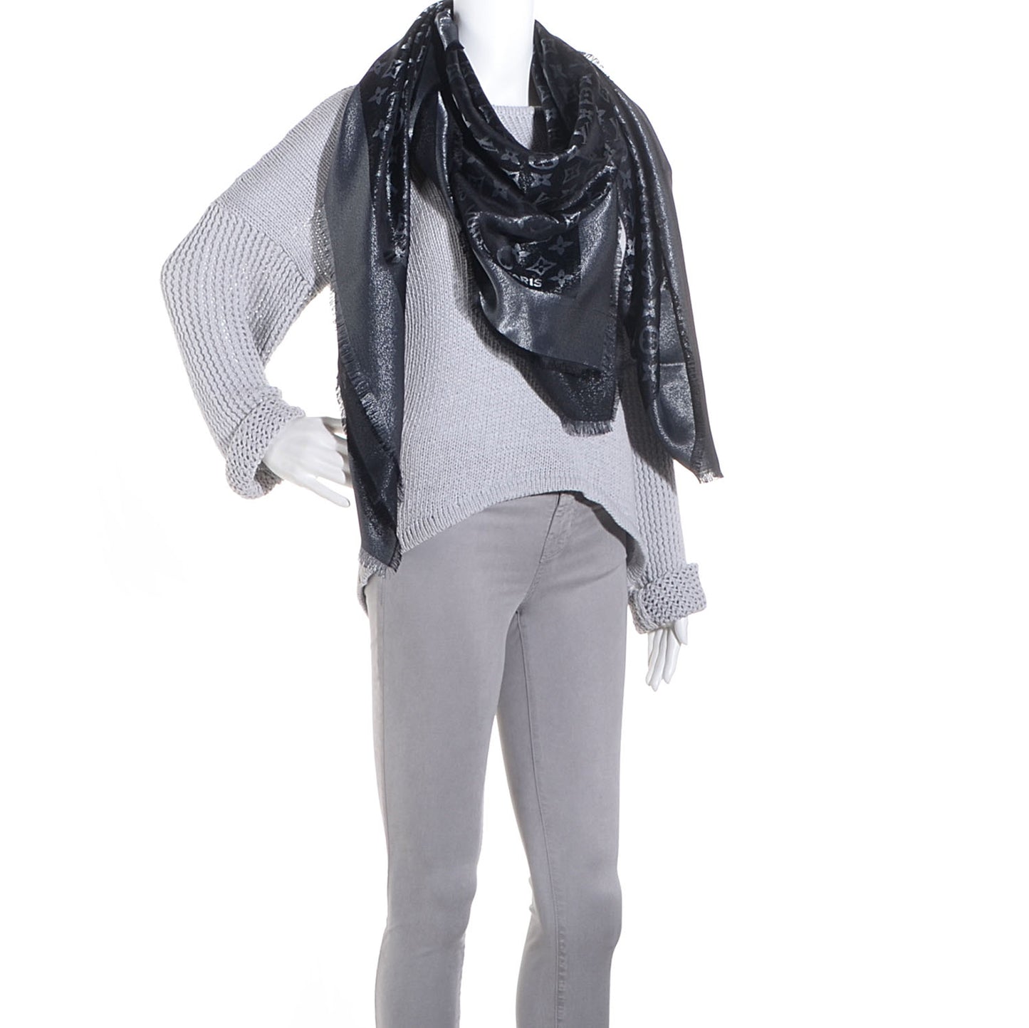 Silk Lurex Wool Monogram Shine Shawl Black