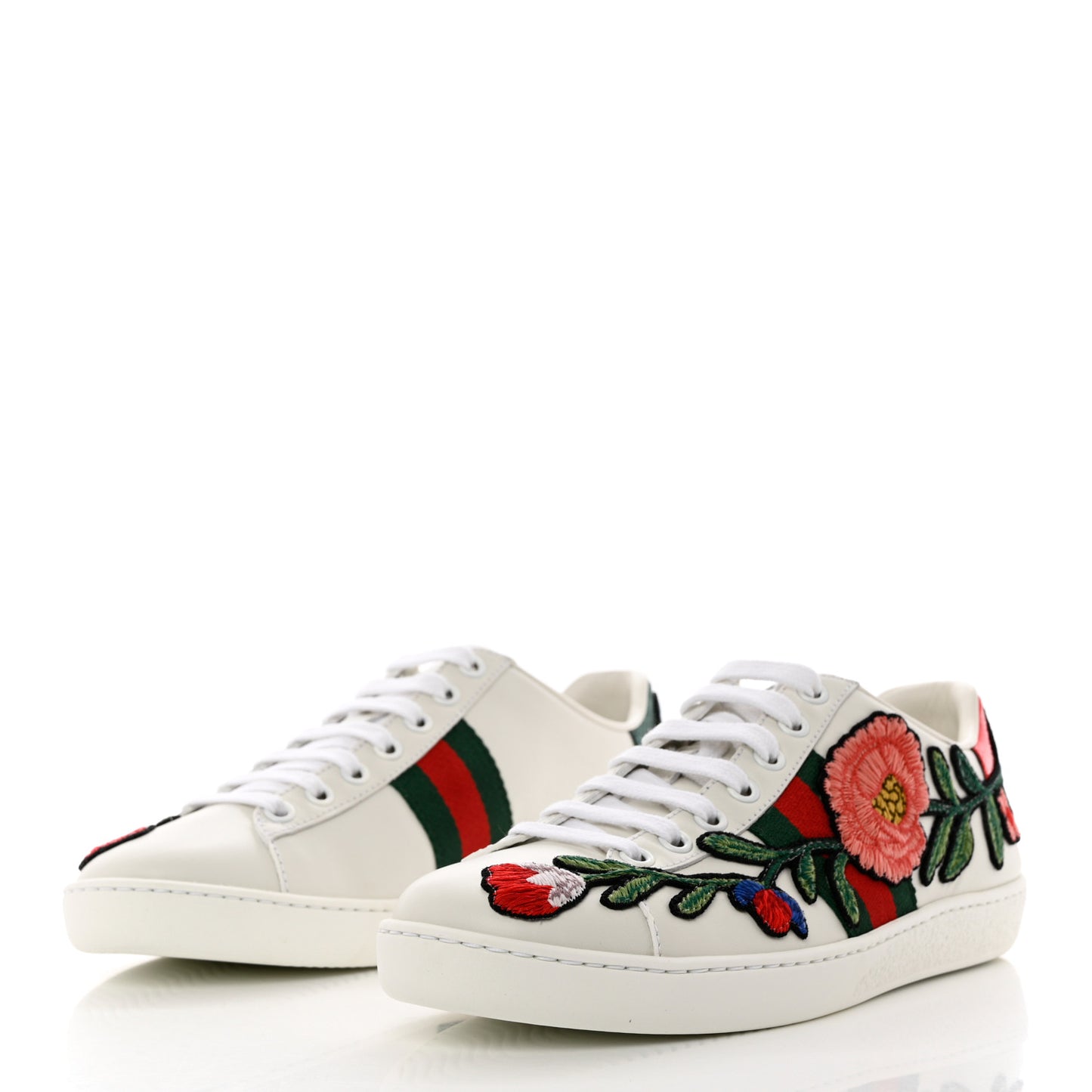 Calfskin Web Floral Embroidered Womens Ace Sneakers 36 White