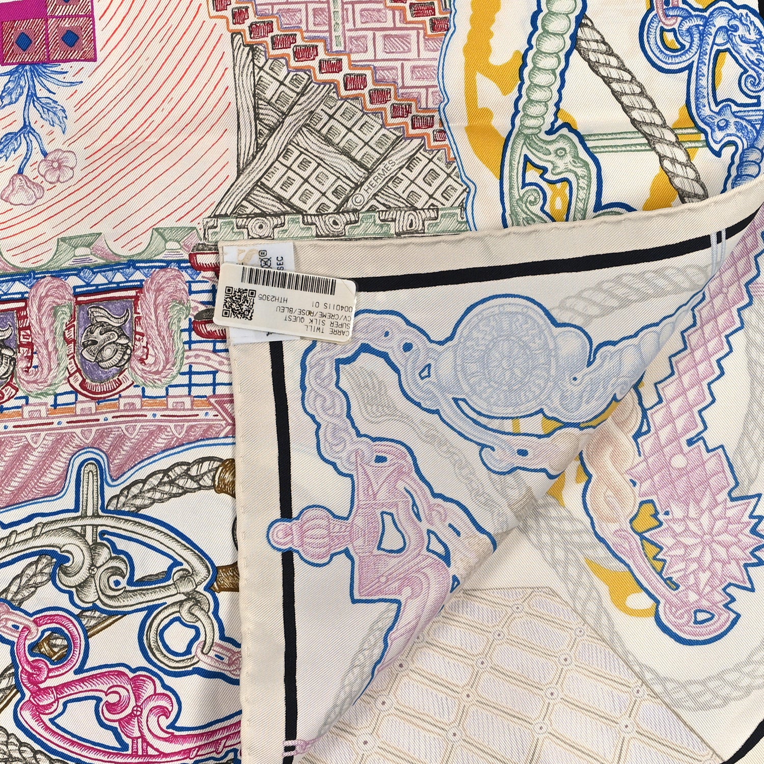 Hermes Silk Super Silk Quest Scarf 90 Cream Rose Blue 3 of 3
