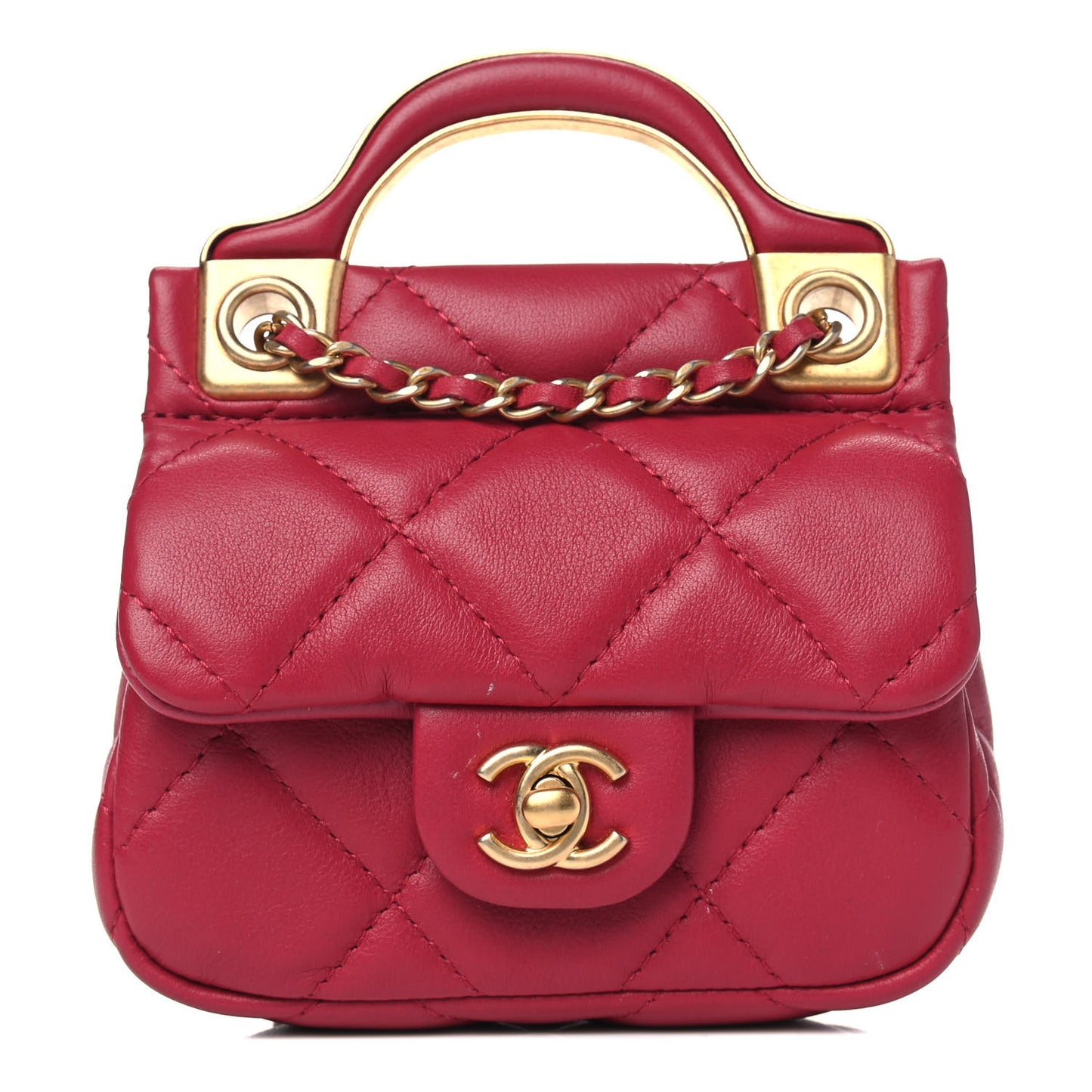 Calfskin Quilted Lady Handle Flap Card Holder With Chain Dark Pink