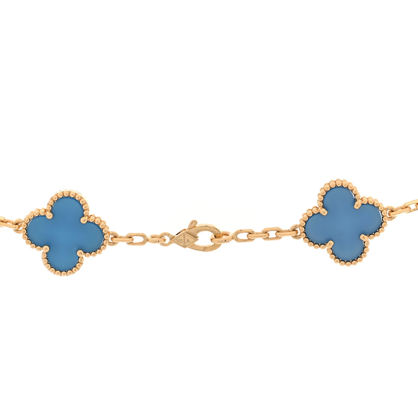 18K Yellow Gold Blue Agate 10 Motifs Vintage Alhambra Necklace